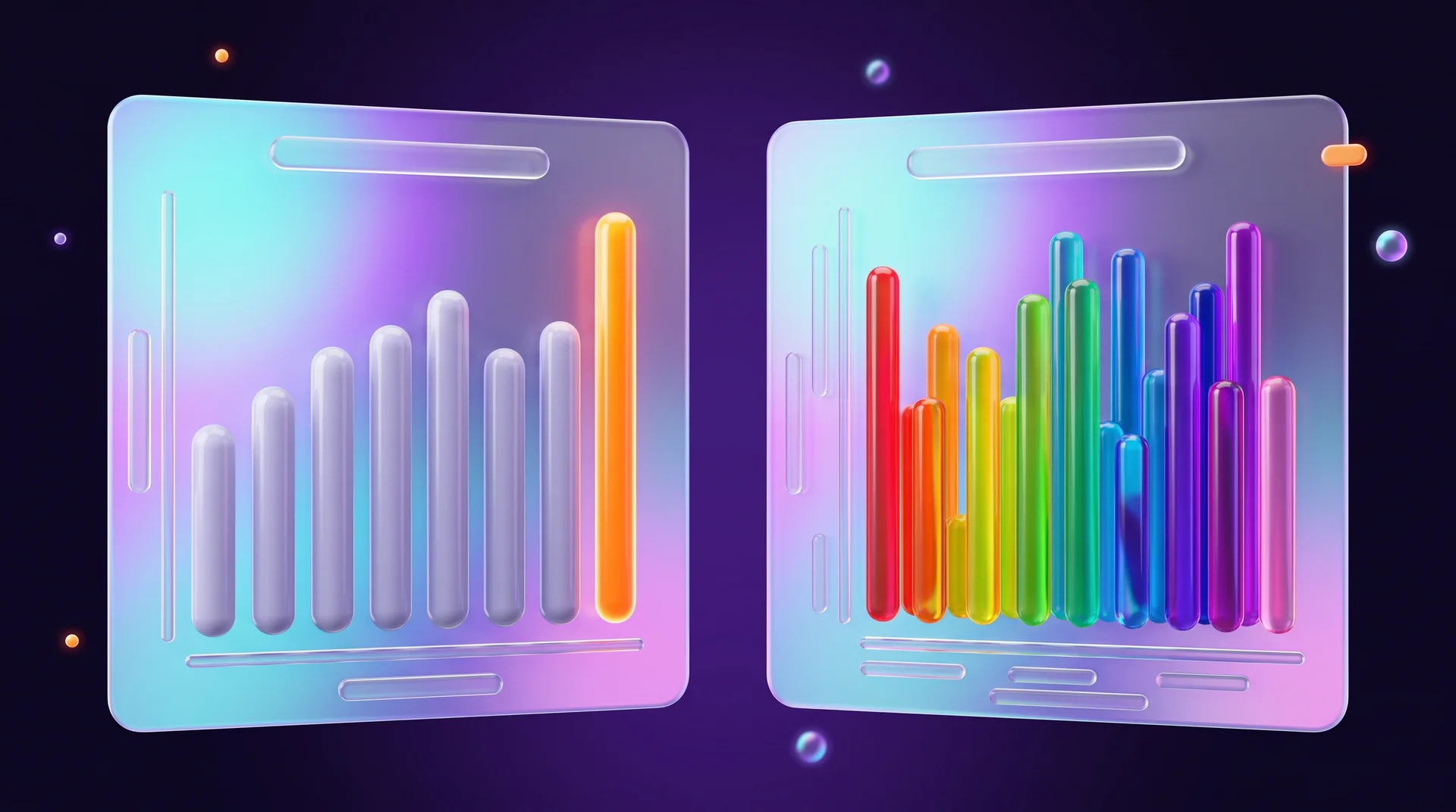 Two glass column charts: in one, a single column glows orange and the rest are grey; in the other, every column is a different colour