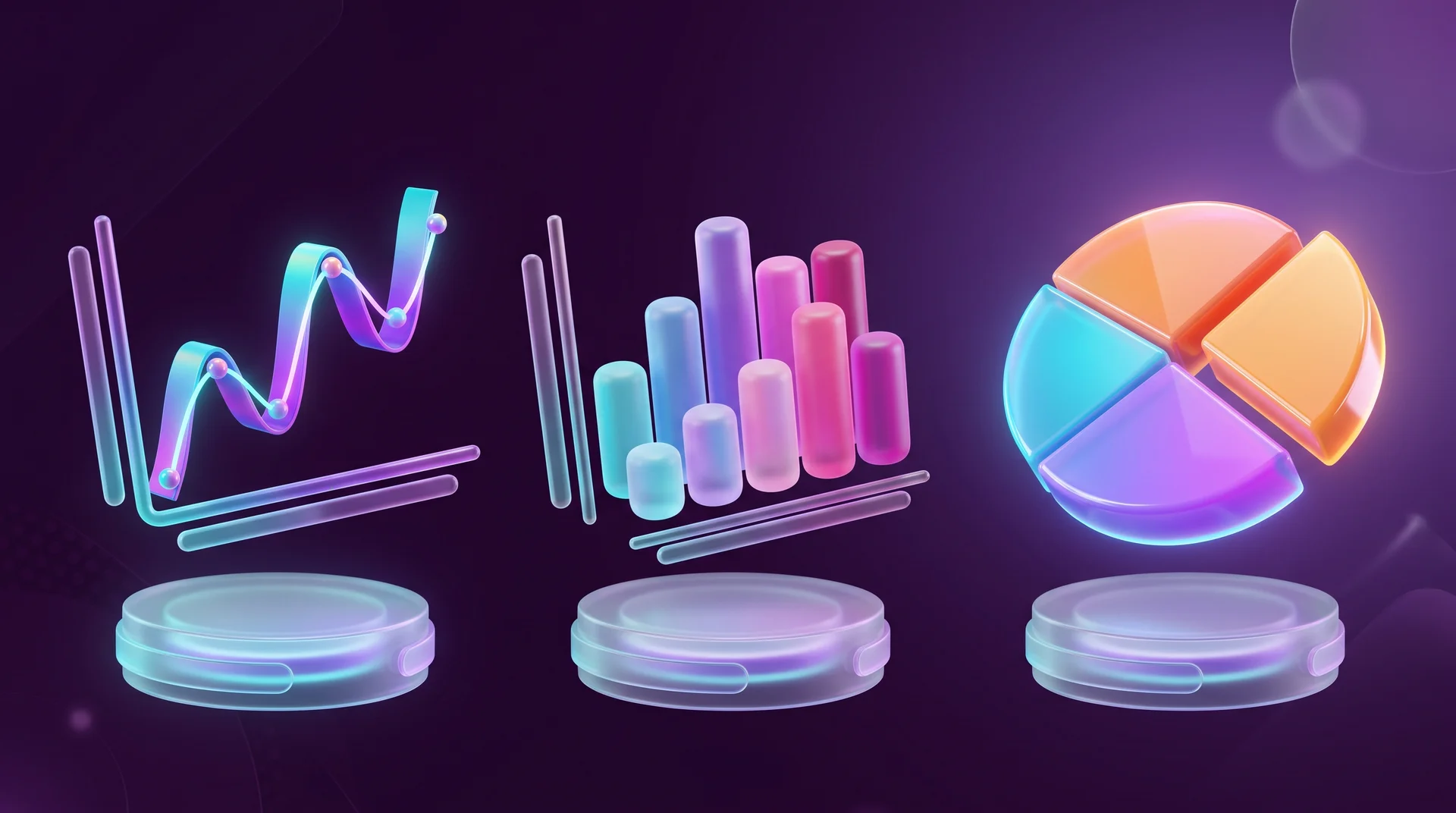 A glowing line chart, a glass column chart and a 3D pie chart floating side by side