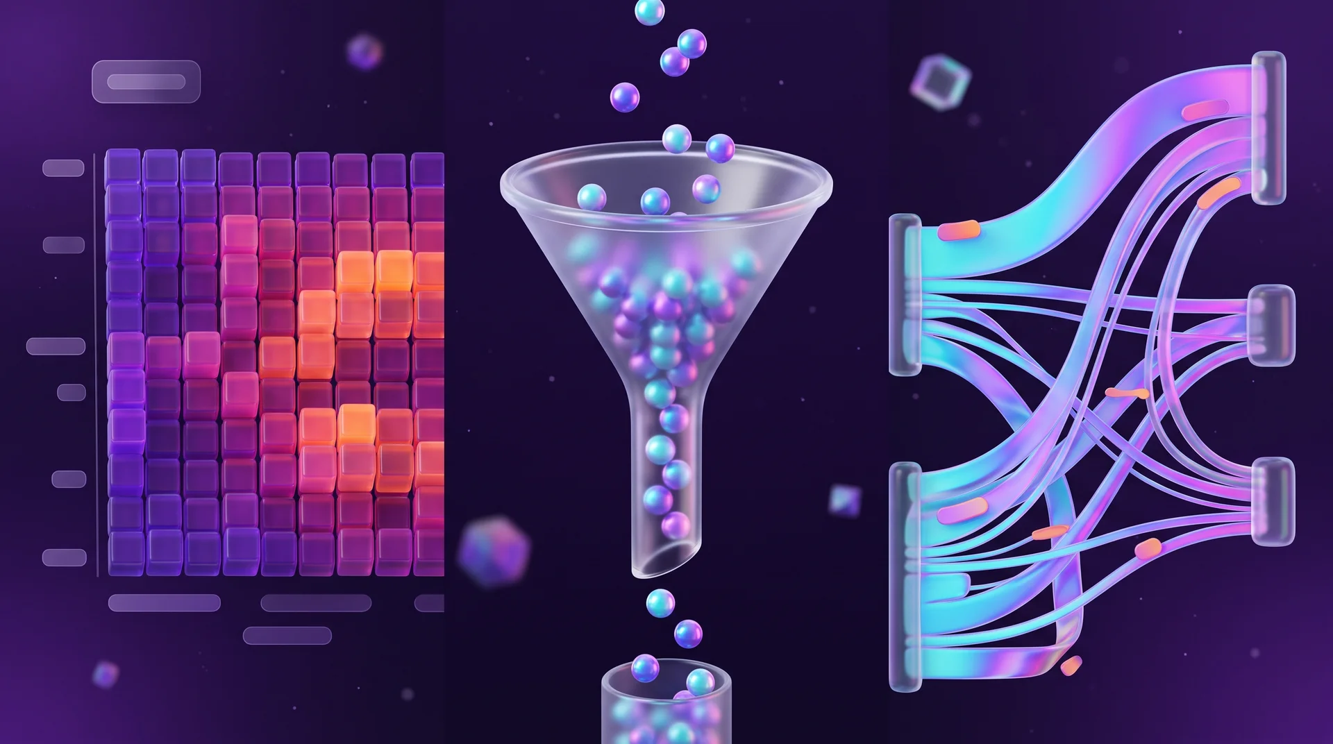 A heatmap made of glowing glass cubes, a transparent funnel and colourful Sankey diagram flows