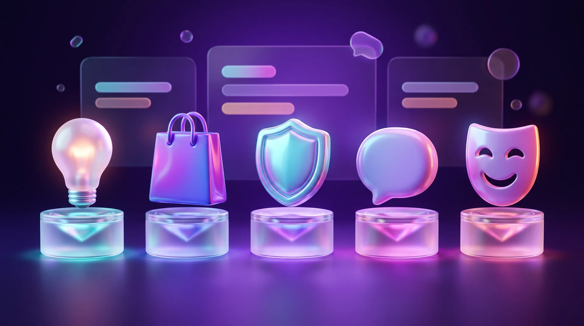 Five glossy 3D objects on glass pedestals: a glowing light bulb, a shopping bag, a shield, a chat bubble and a smiling mask