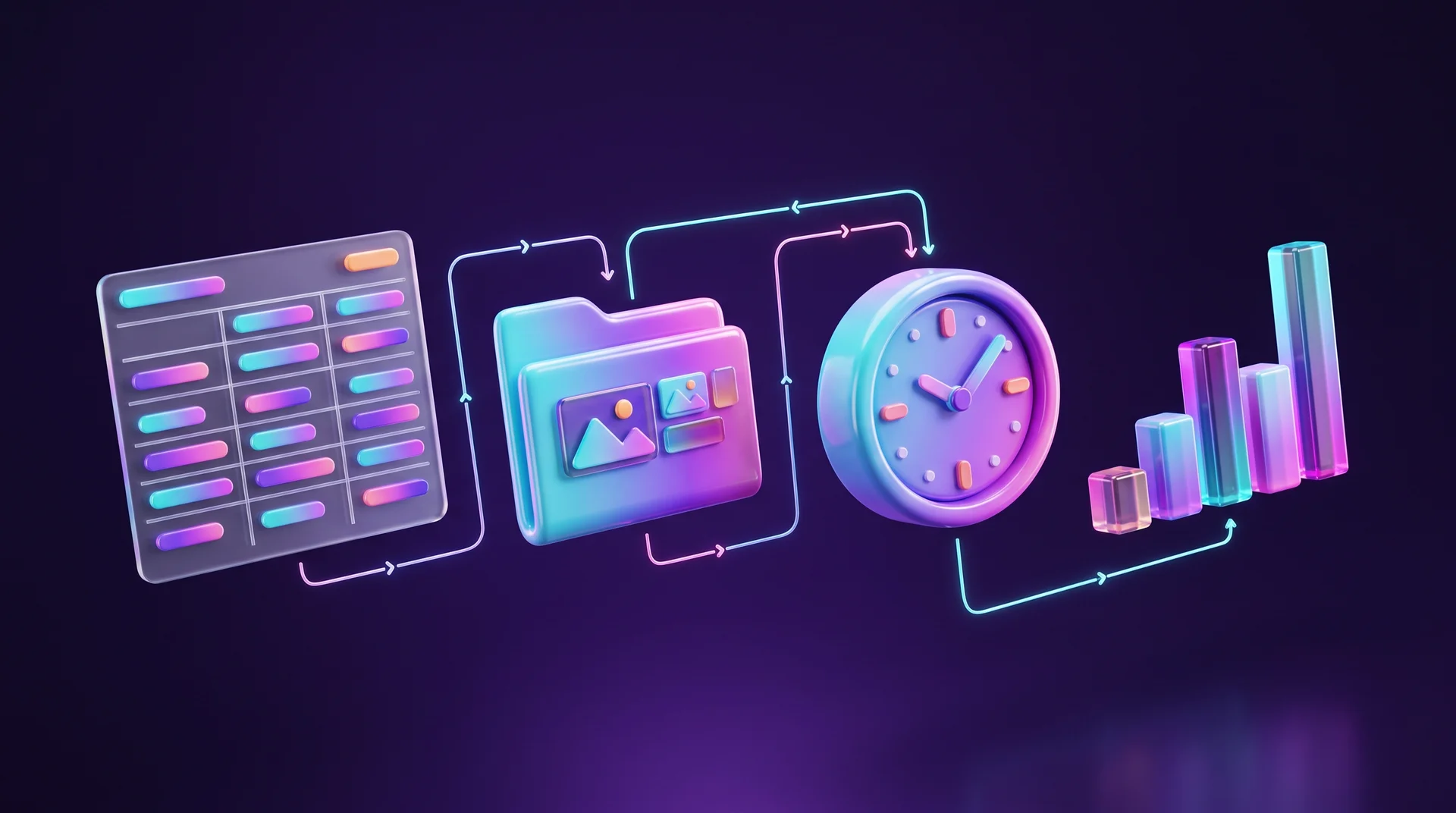 A glass spreadsheet, a photo folder, a clock and a rising bar chart, connected by glowing lines with arrows
