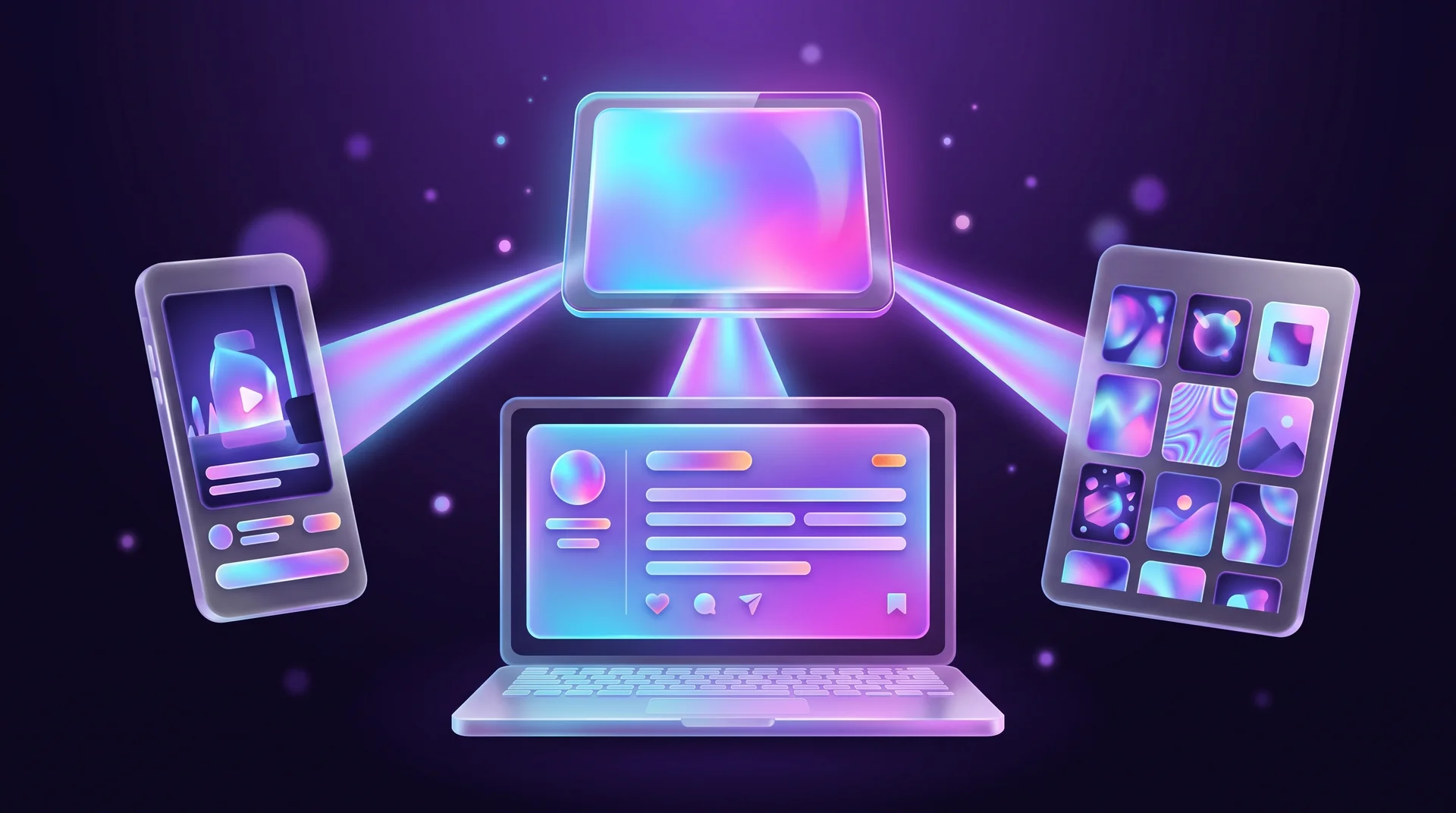A glowing content card splitting into beams of light towards a smartphone with a vertical video, a laptop with a text post and a tablet with a photo grid