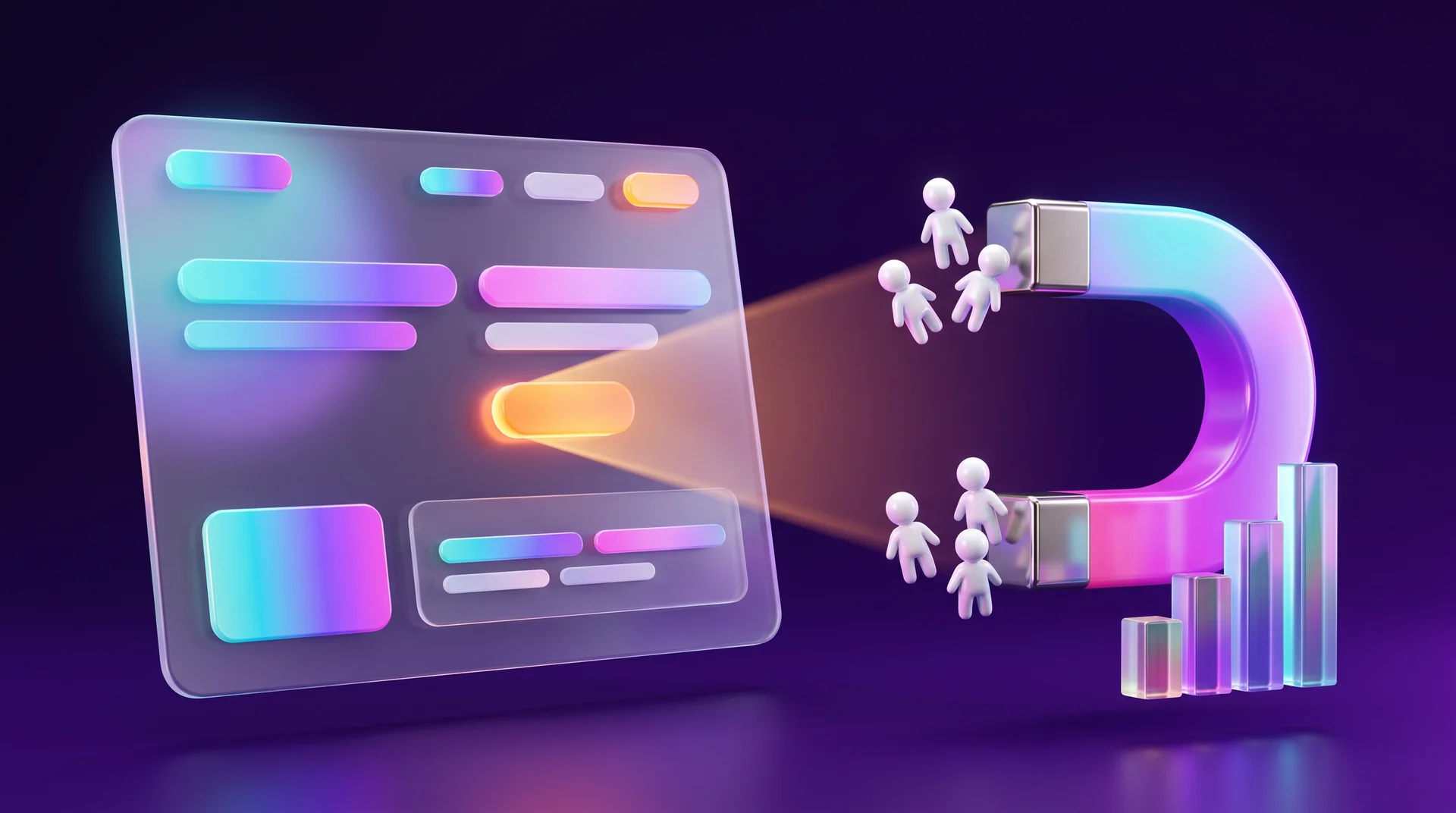 A floating glass landing page with a glowing orange button, from which a trail of light leads to a glossy magnet pulling small white figures towards it, with a rising bar chart beside it