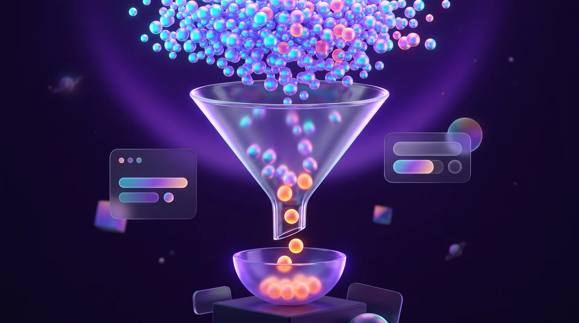 A floating glass funnel with a cloud of many small spheres at the top and only a few glowing orange spheres falling out of the bottom into a glossy bowl