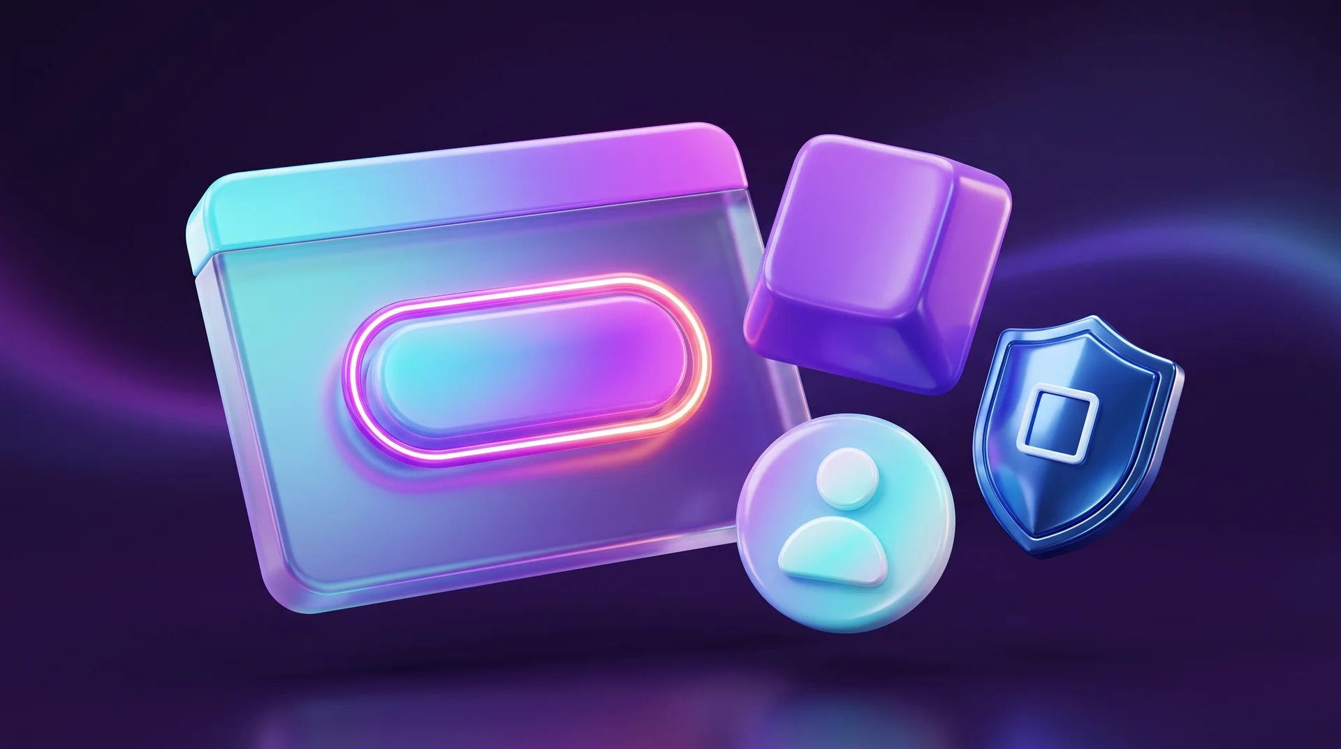 A floating glass window with a glowing focus ring around a button, next to a 3D keyboard key, a round user icon and a glossy shield with an empty checkbox
