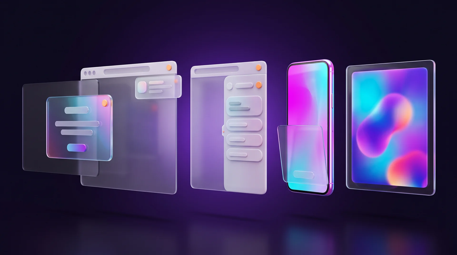 Glass popup types in a row: a window over a dark background, a small panel in the corner of a browser, a side drawer, a sheet rising from the bottom of a phone and a screen with an enlarged image