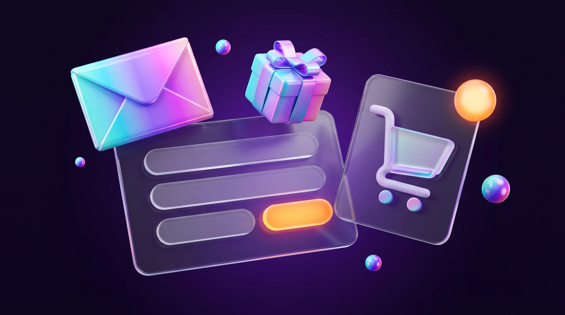 A floating glass form with rounded fields and a glowing orange button, a glossy envelope and a small gift with a ribbon above it, and a shopping cart card with a glowing orange light beside it