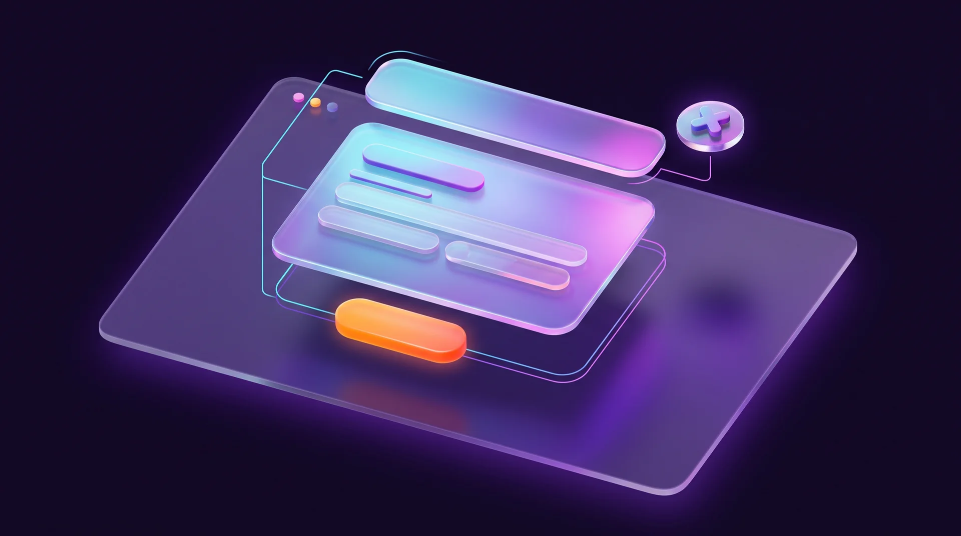 A popup window broken down into glass layers above a web page: a header bar, a content panel with fields, an orange button and a round close button, connected by glowing lines