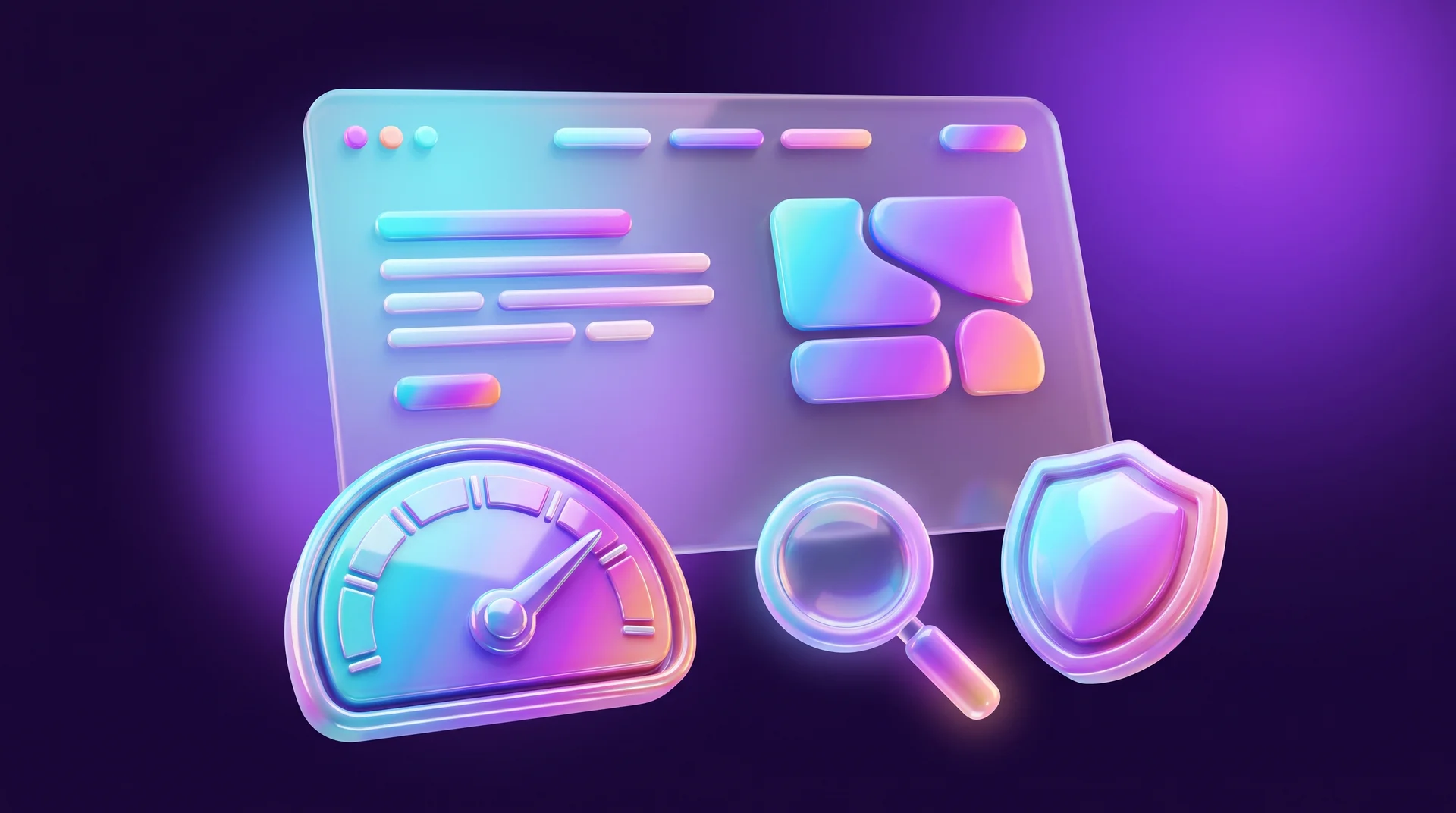 A glass web page panel with abstract lines of text, with a glossy speedometer, a magnifying glass and a glass shield in front of it