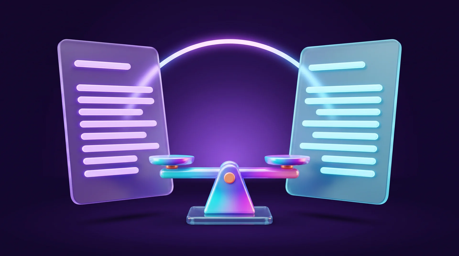Two glass panels facing each other, purple and light blue, with abstract lines of text at the same height, joined by an arc of light, with glossy balanced scales in the middle
