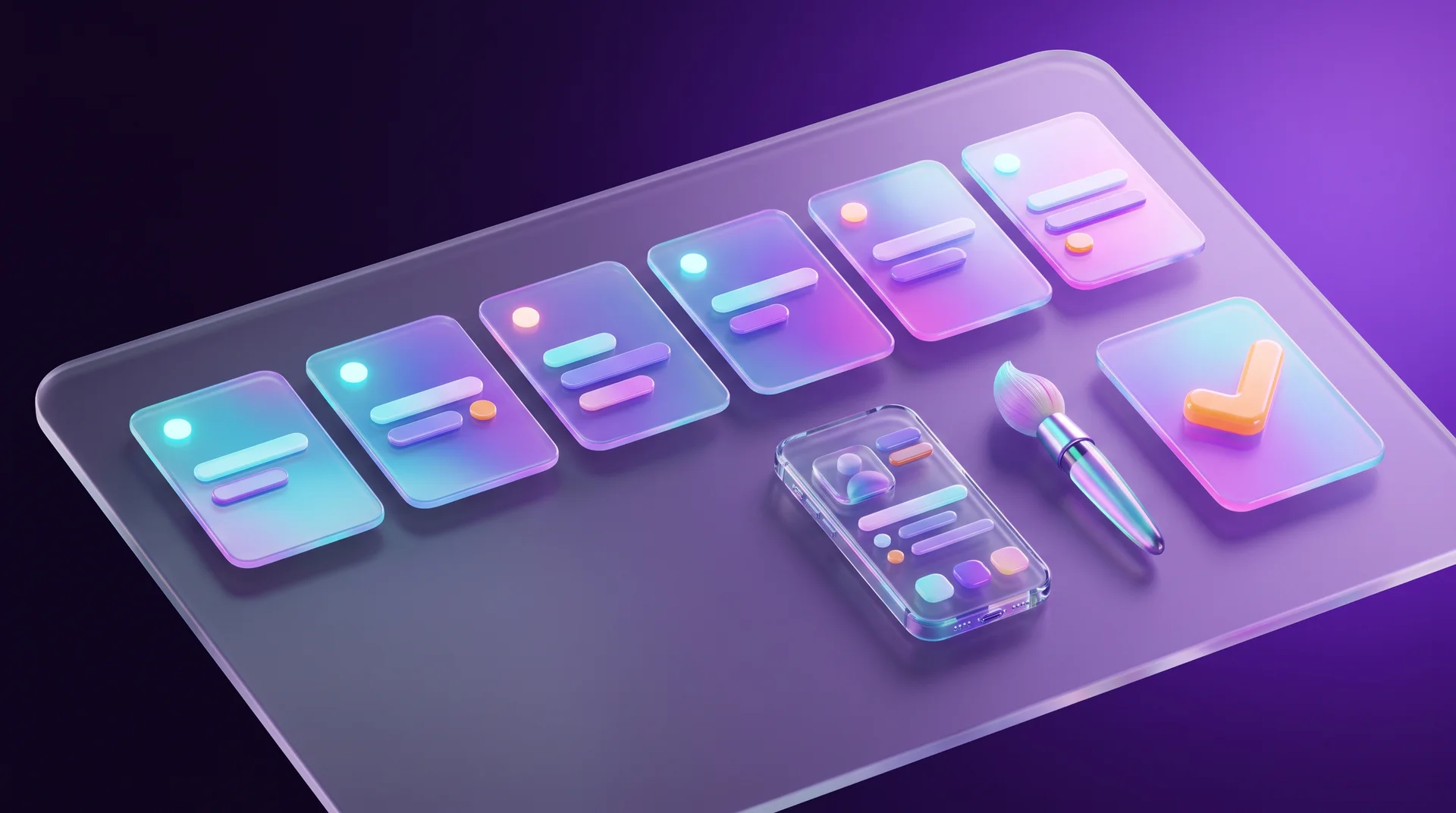 A glass workspace with six cards in a row, each marked with a glowing dot, alongside a glass phone, a glossy paintbrush and a card with an orange check mark