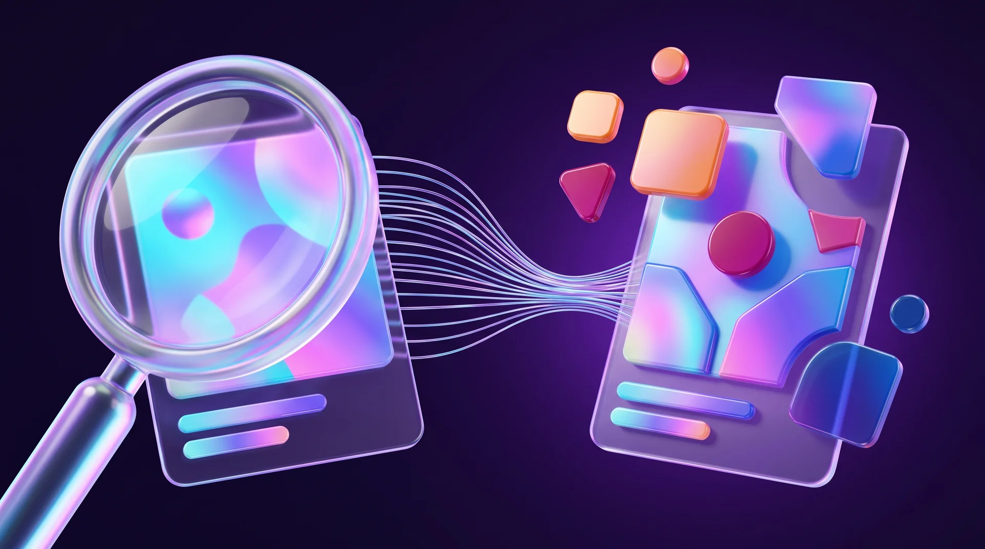 A large magnifying glass examining a single image card, with glowing lines leading from it to a new card built from geometric shapes in different colours