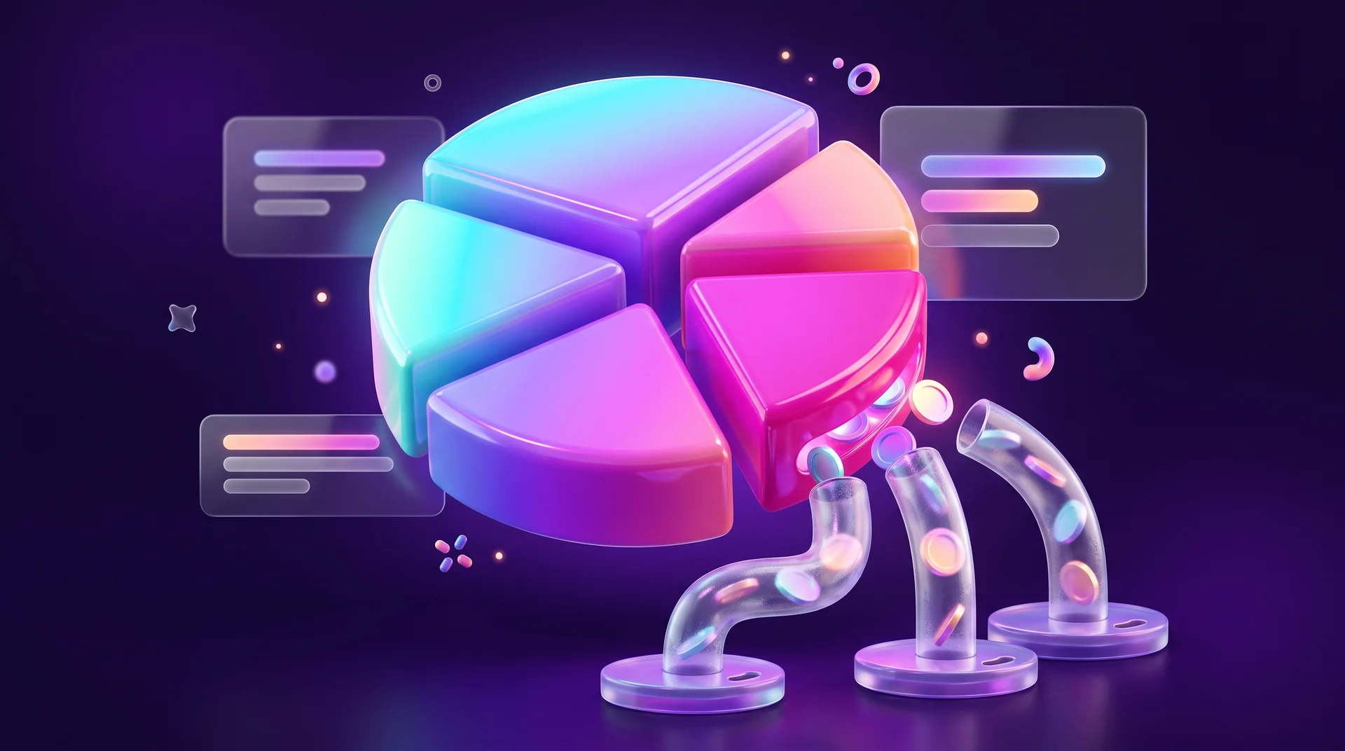 A glossy 3D budget pie divided into slices of different colours, with coins flowing from one slice into three transparent glass pipes