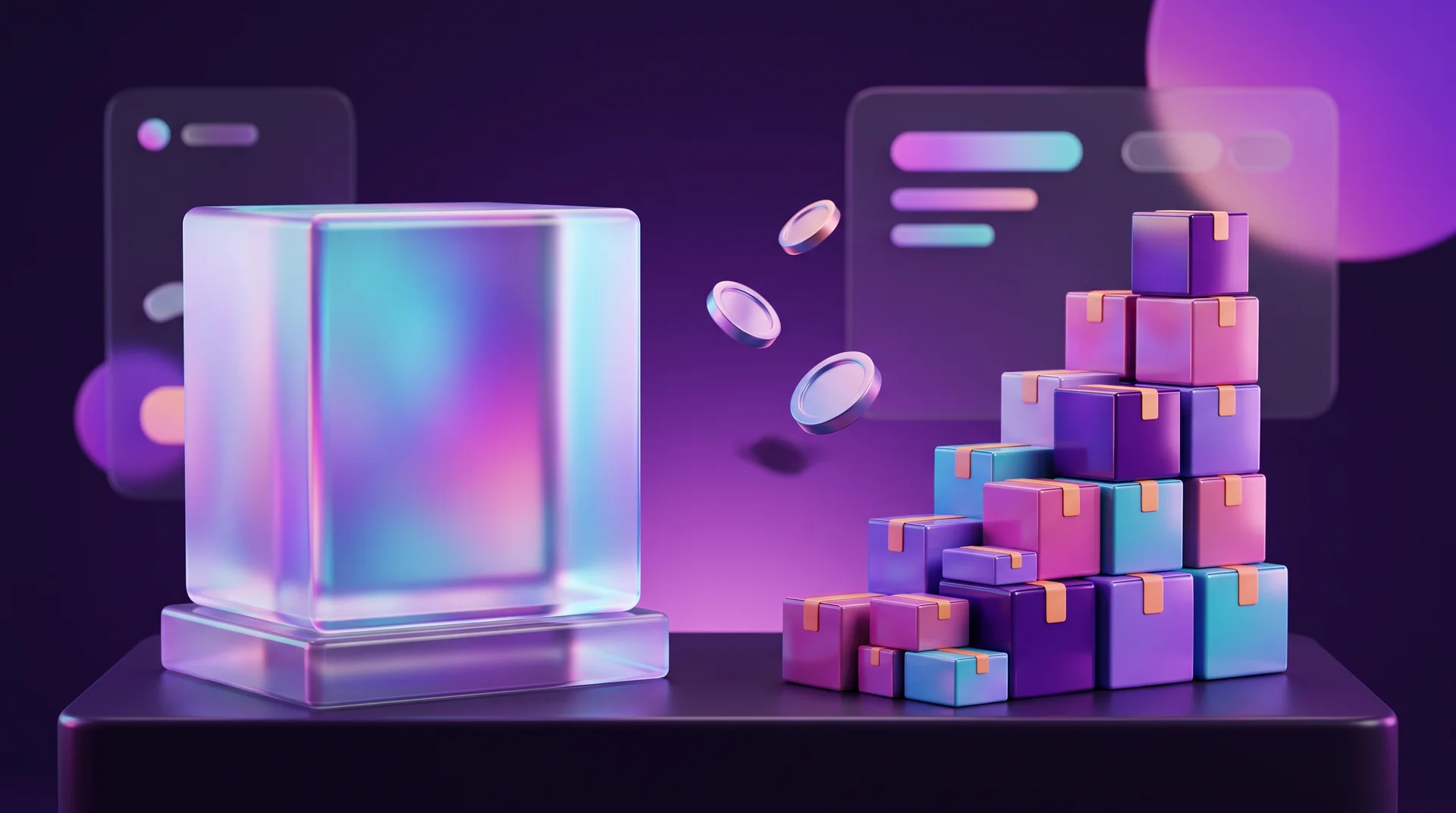 A large, stable glass cube on a base on the left, a stepped stack of colourful shipping boxes on the right and floating coins between them