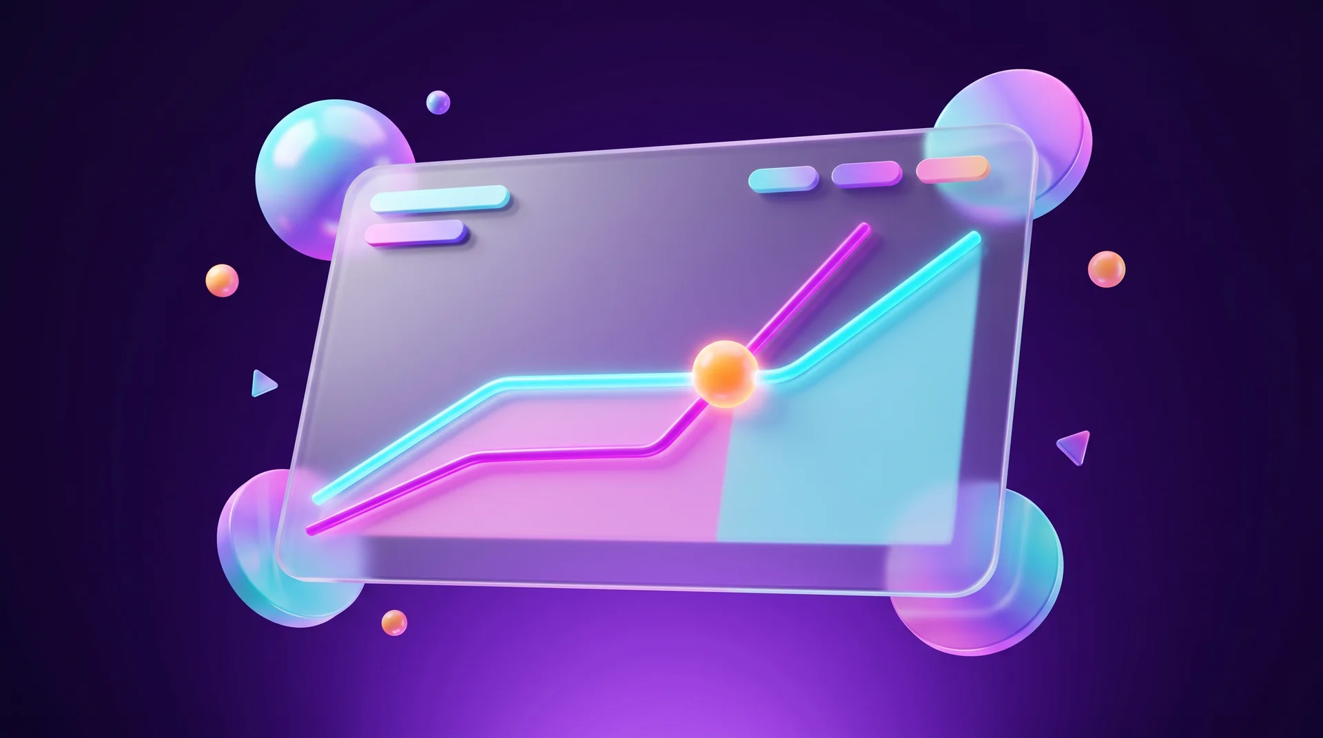 A 3D glass chart with two glowing lines crossing at a lit point, with a magenta-tinted area to its left and a light-blue area to its right