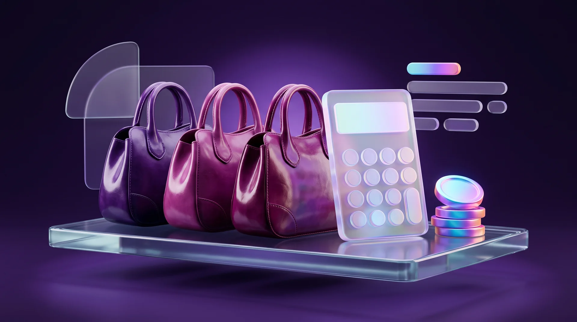 Glossy 3D leather bags lined up on a glass stage, next to a glass calculator and a stack of glowing coins