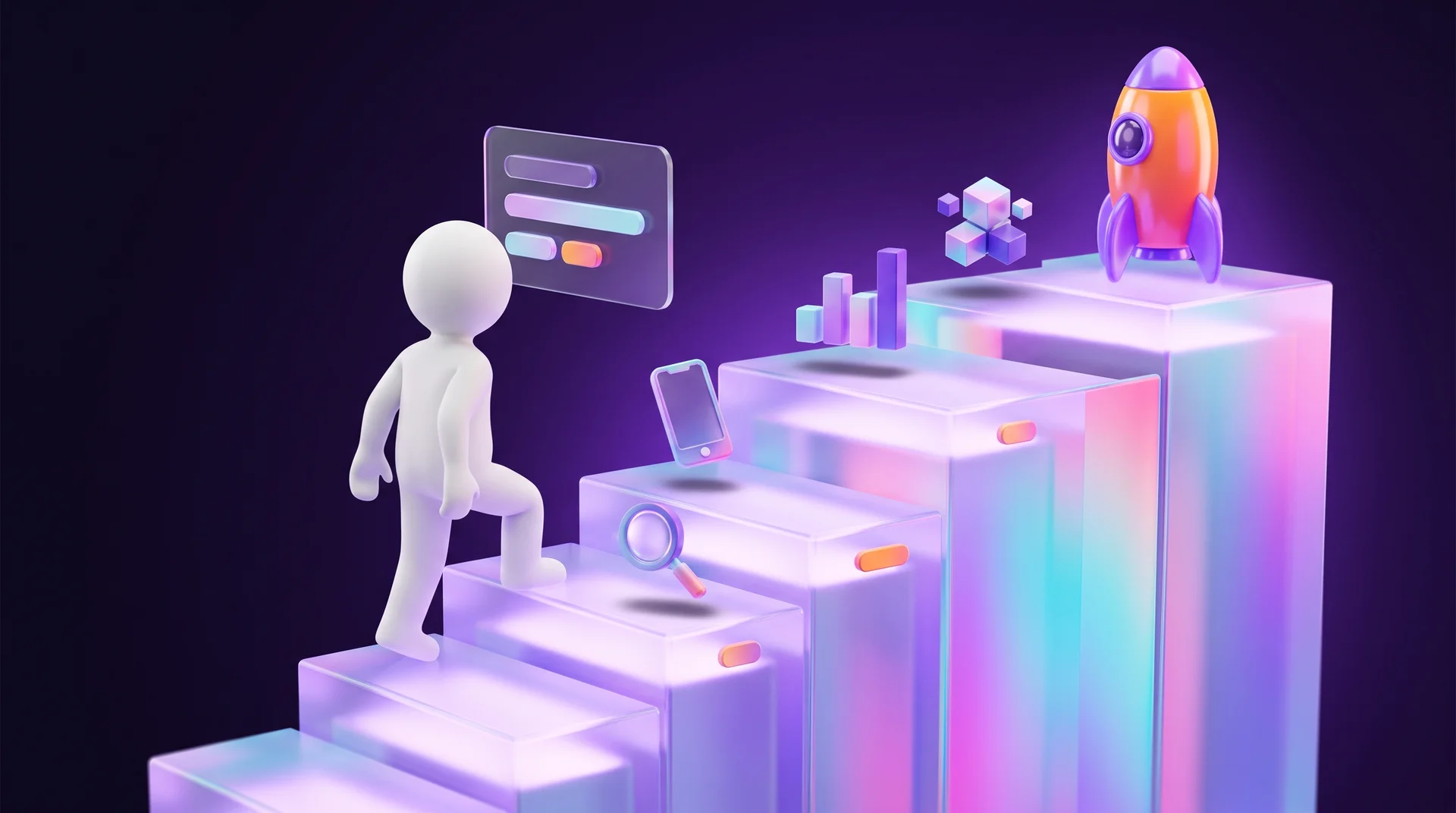 A faceless white figure climbing glowing glass steps, with an object floating above each step: a magnifying glass, a smartphone, a chart, cubes and a rocket at the top