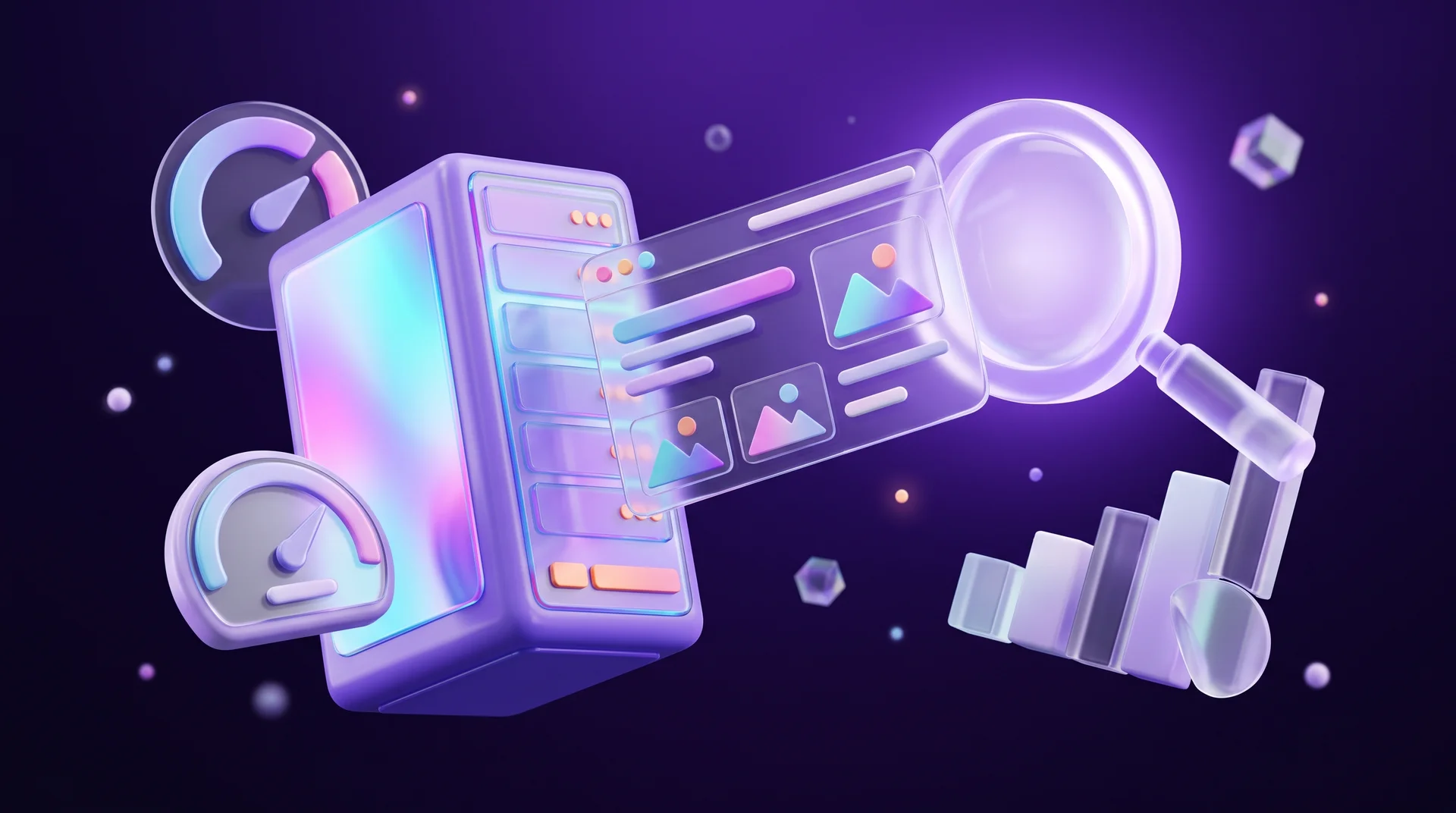 A glass web page emerging from a glossy server and travelling towards a glowing magnifying glass, surrounded by floating speed gauges and a rising bar chart