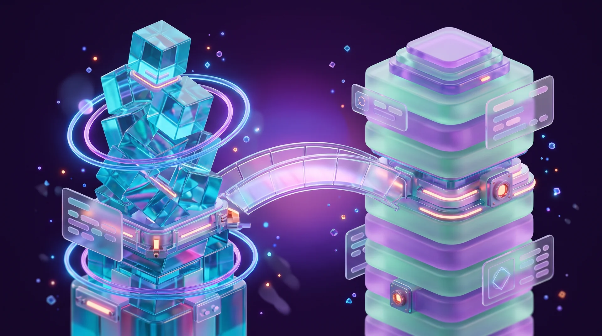 Two 3D glass structures facing each other: a tower of light-blue cubes with glowing rings next to a neat stack of green and purple panels, linked by a glowing bridge