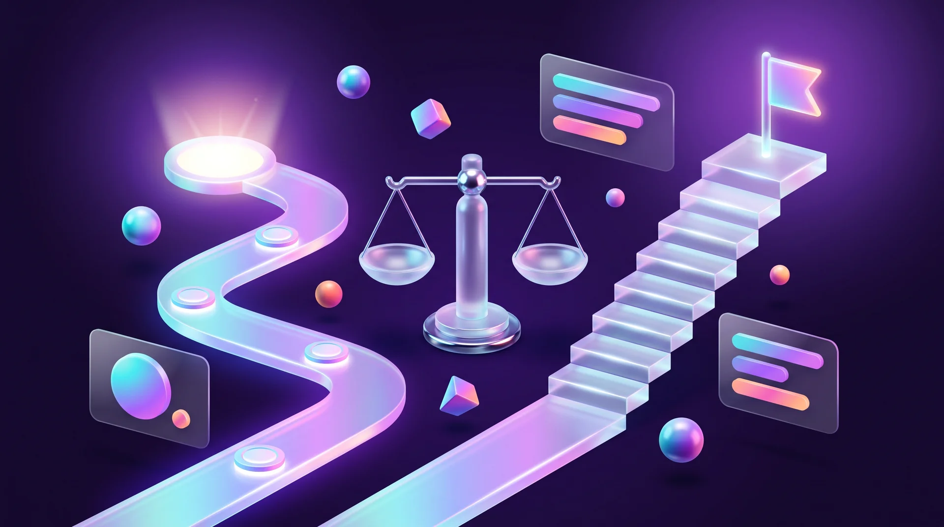 Two 3D paths side by side: straight glass steps leading to a glowing flag on one side, a winding trail with glowing checkpoints on the other and a glass balance scale between them