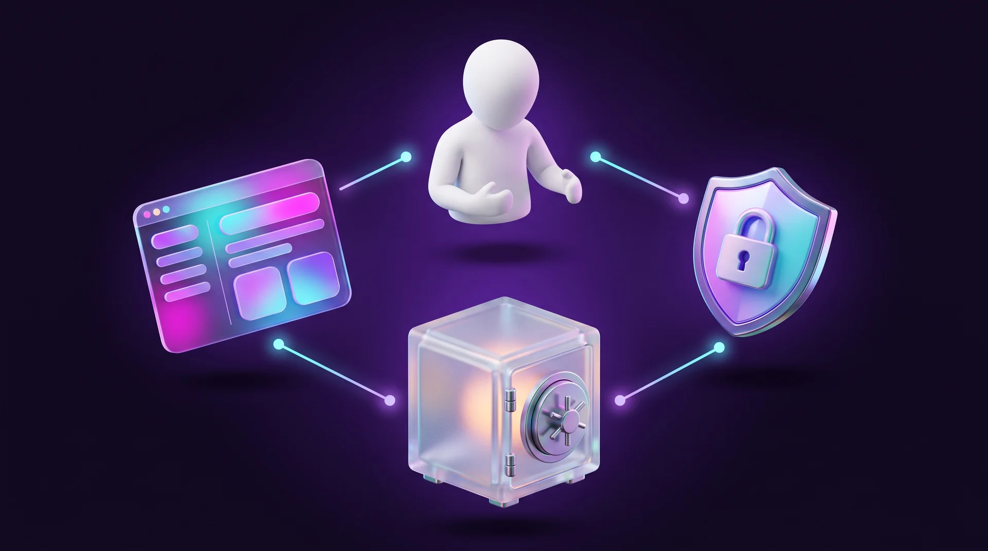 Four floating objects linked by lines of light: a white figure, an app window, a shield with a padlock and a glass vault