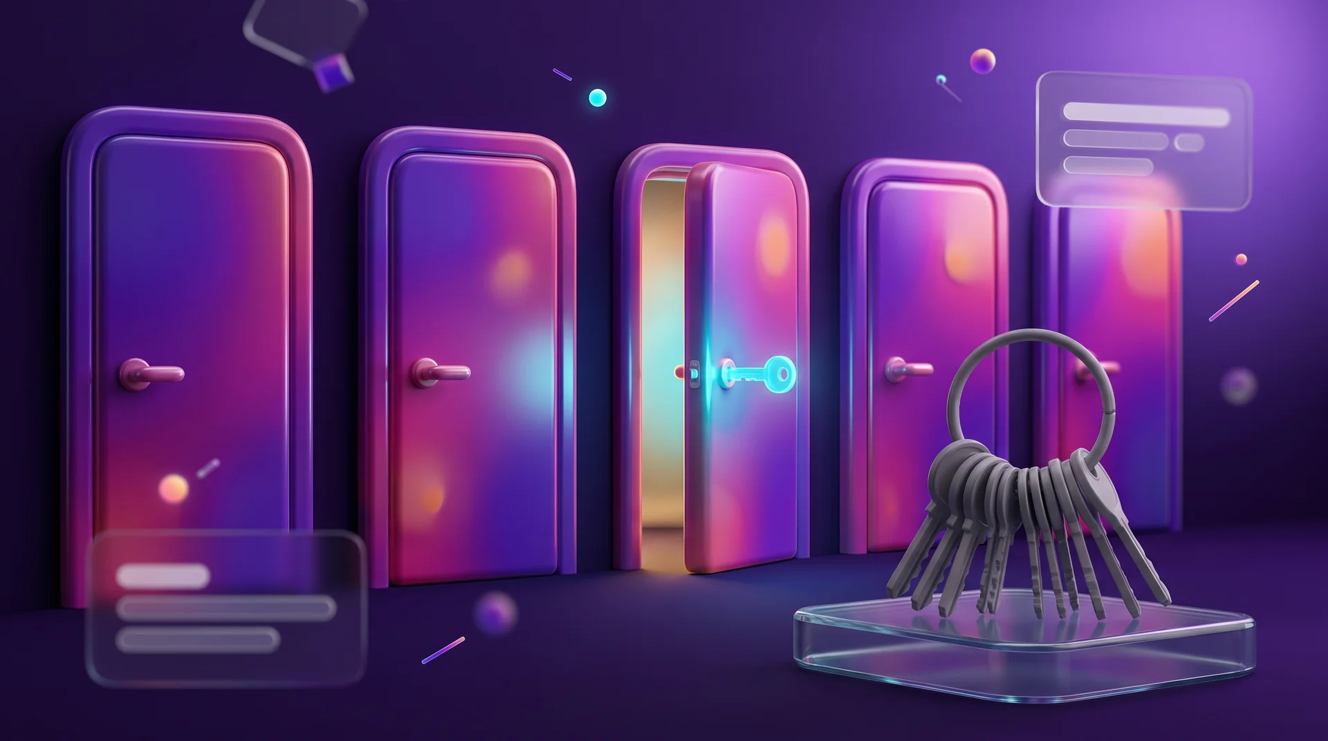 A row of purple doors with only one of them opened by a glowing light-blue key, and a bunch of grey keys on a glass base in the foreground