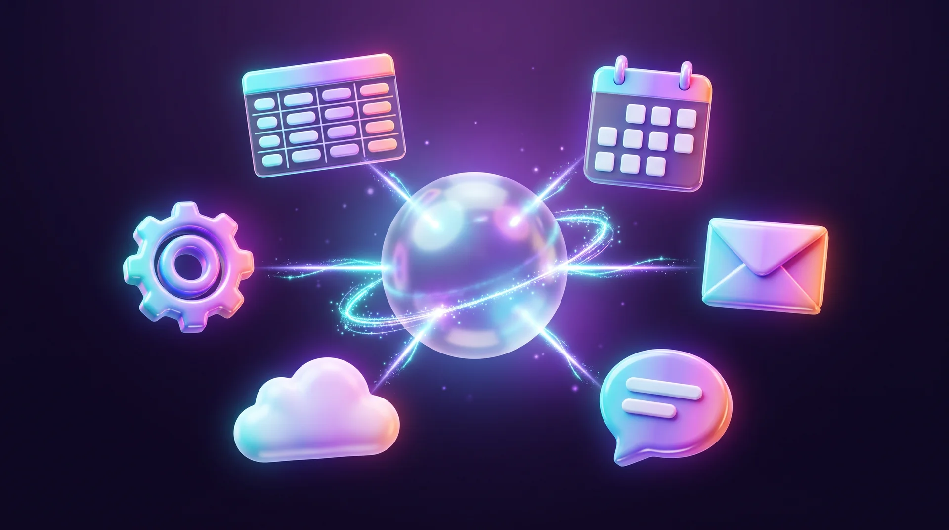 A central glass hub with lines of light running to floating icons of a spreadsheet, a calendar, an envelope, a chat bubble, a cloud and a gear
