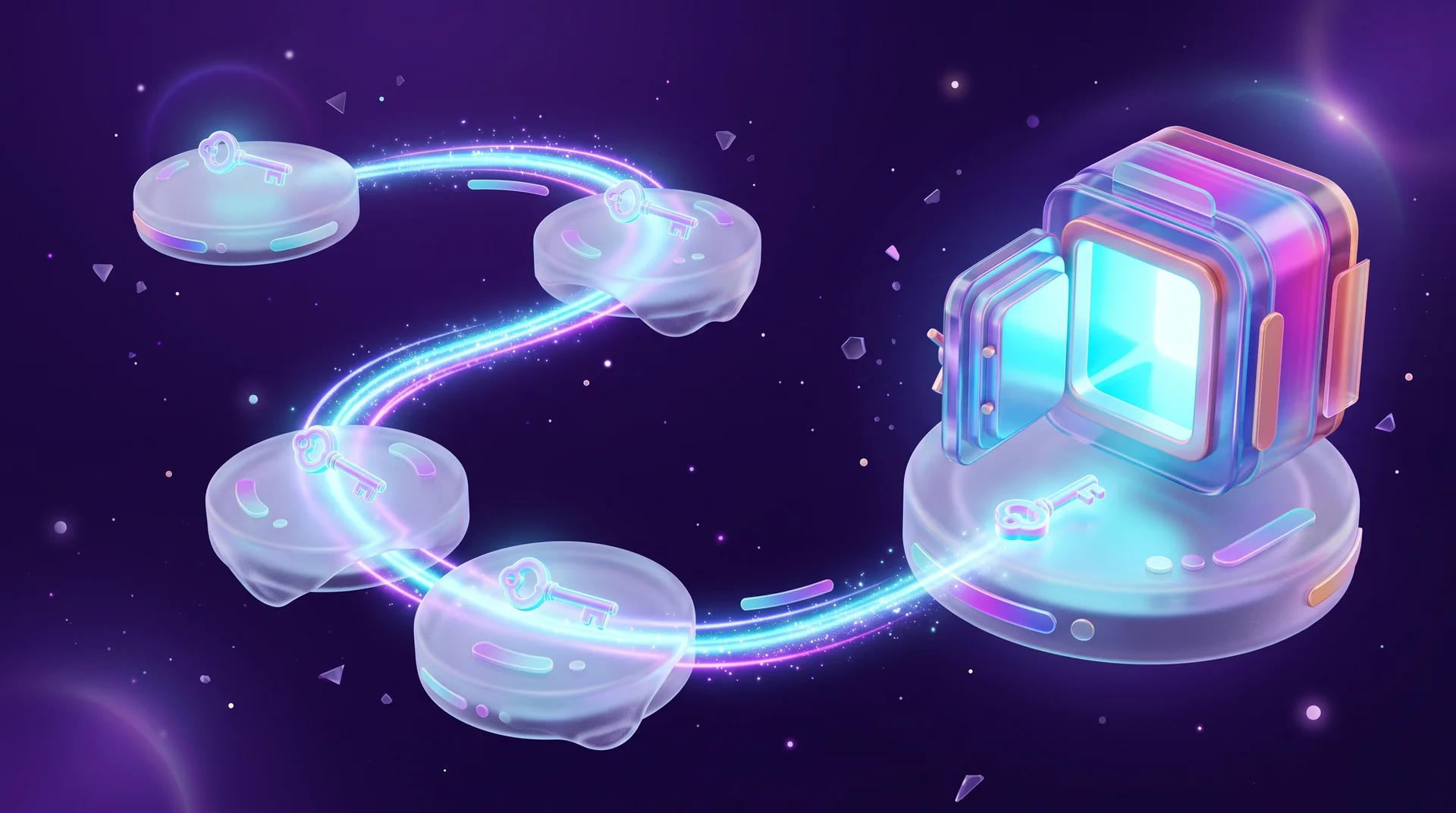 Five glass stations connected by a path of light, with a glowing key moving from one station to the next until it reaches an open vault