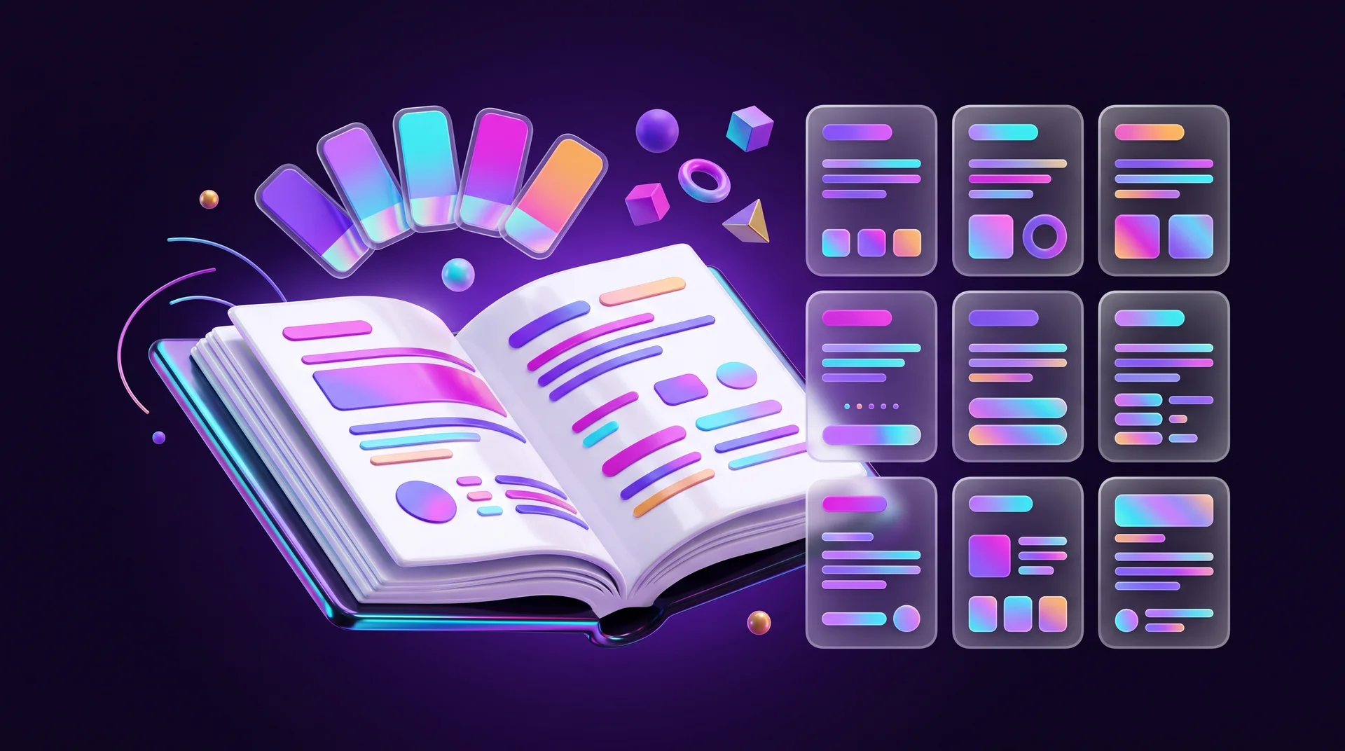An open three-dimensional brand book with a fan of colour swatches and geometric shapes above it, next to an even grid of glass card templates