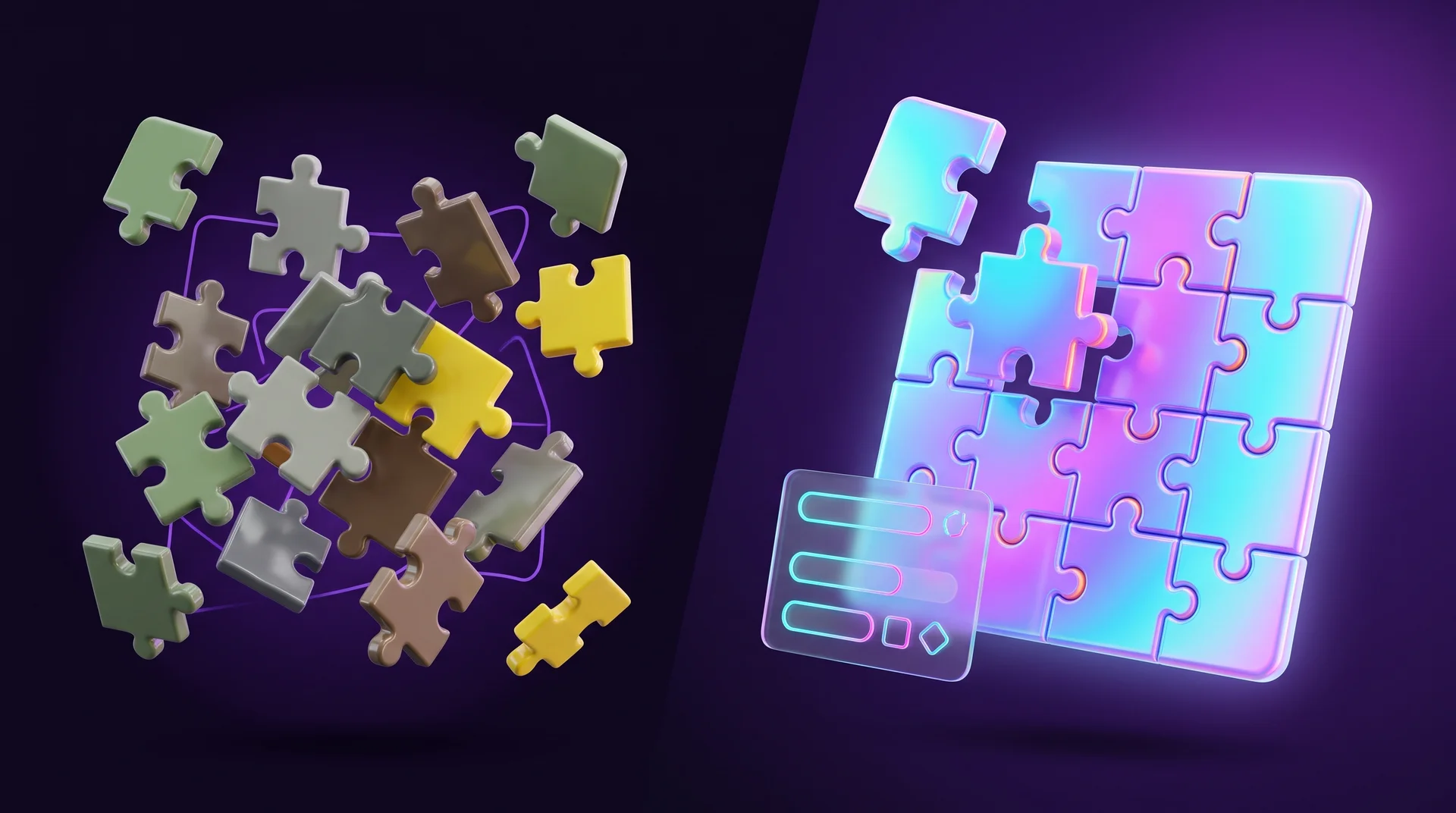 Three-dimensional puzzle pieces in mismatched colours and shapes floating apart, next to a neat group of matching pieces that fit together into one surface