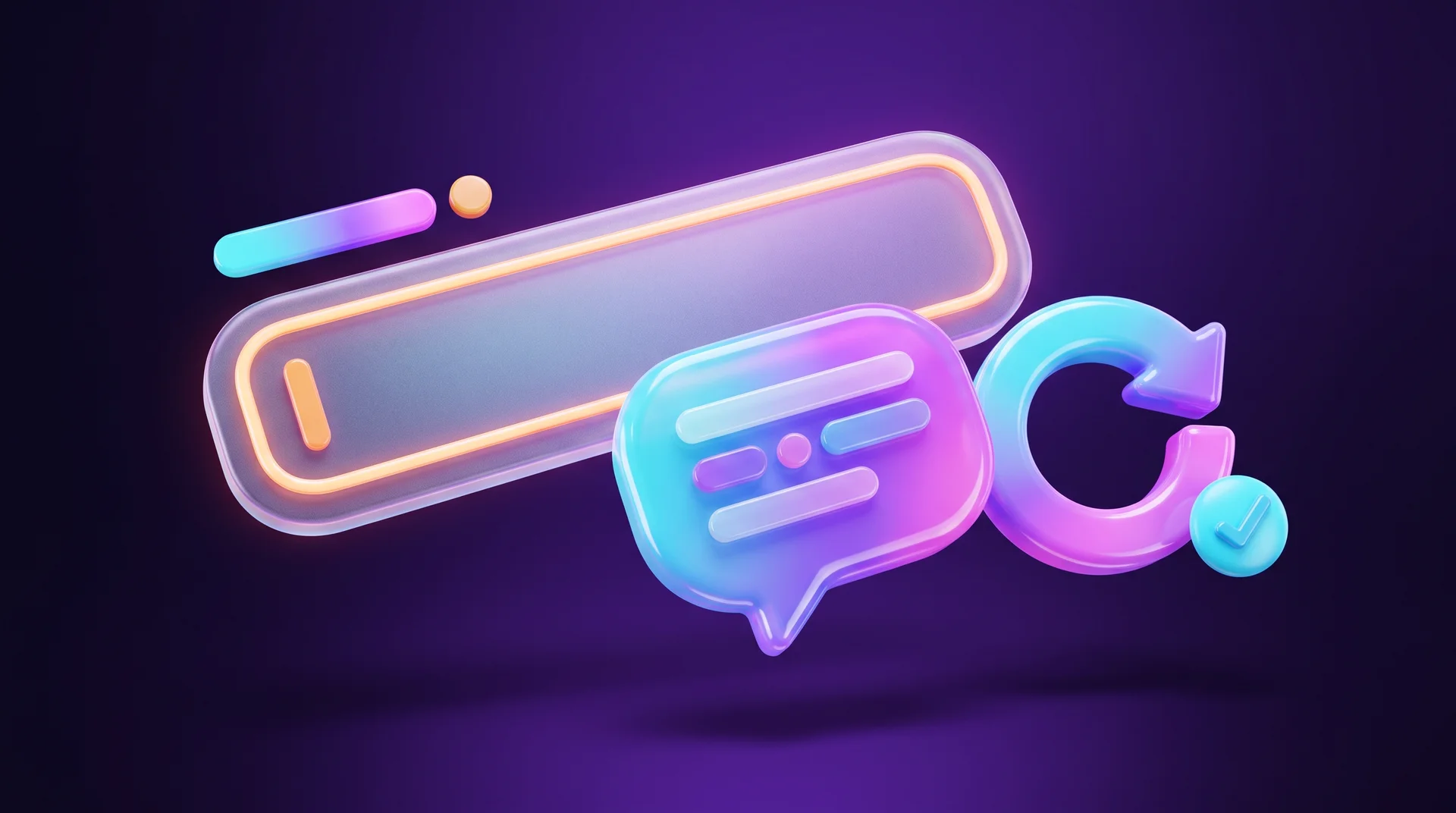 A glass 3D form field with a glowing orange outline, a floating hint bubble beside it and a circular correction arrow