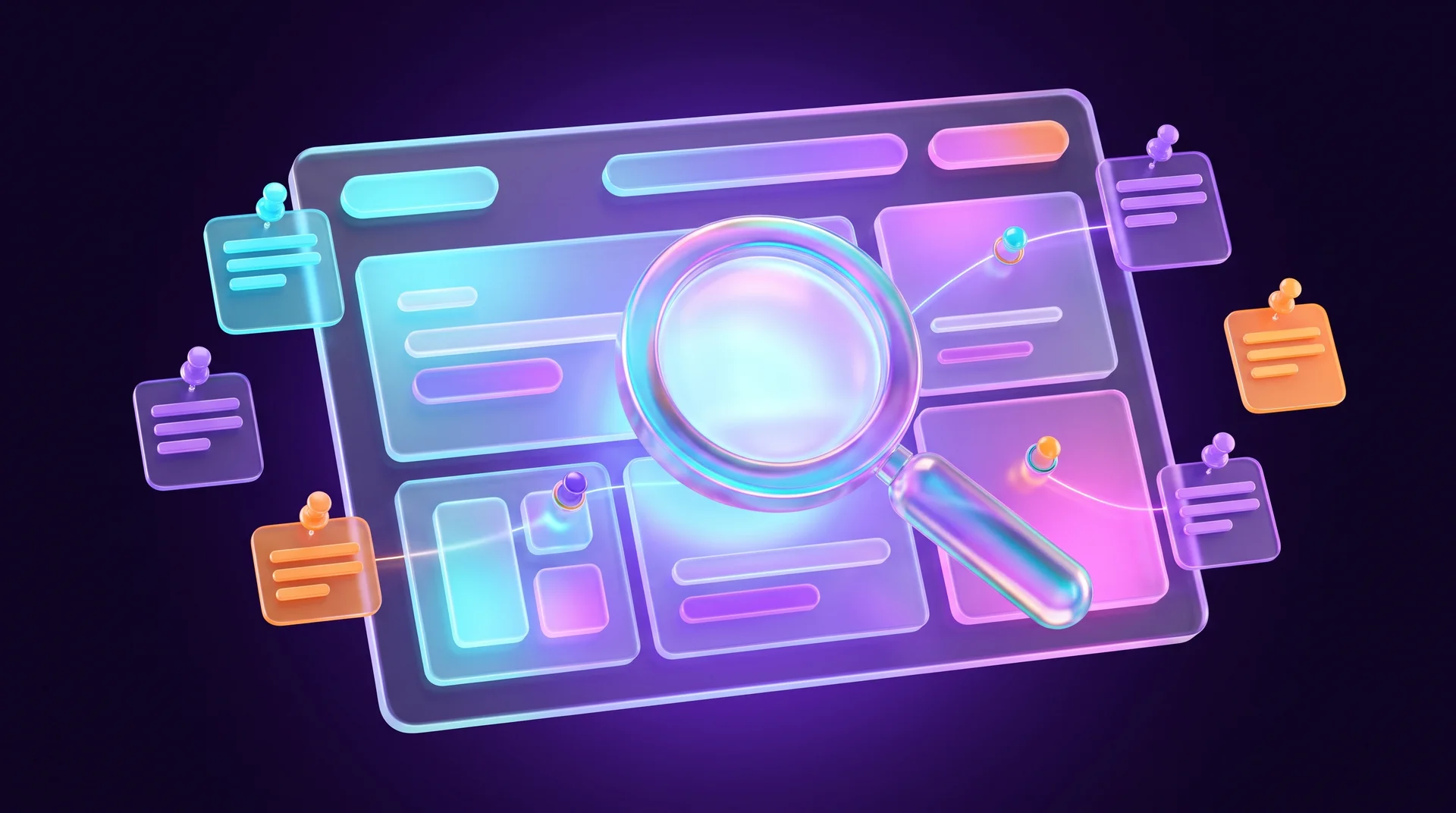 A glowing 3D magnifying glass over a website page layout, with floating finding cards in three colours by severity