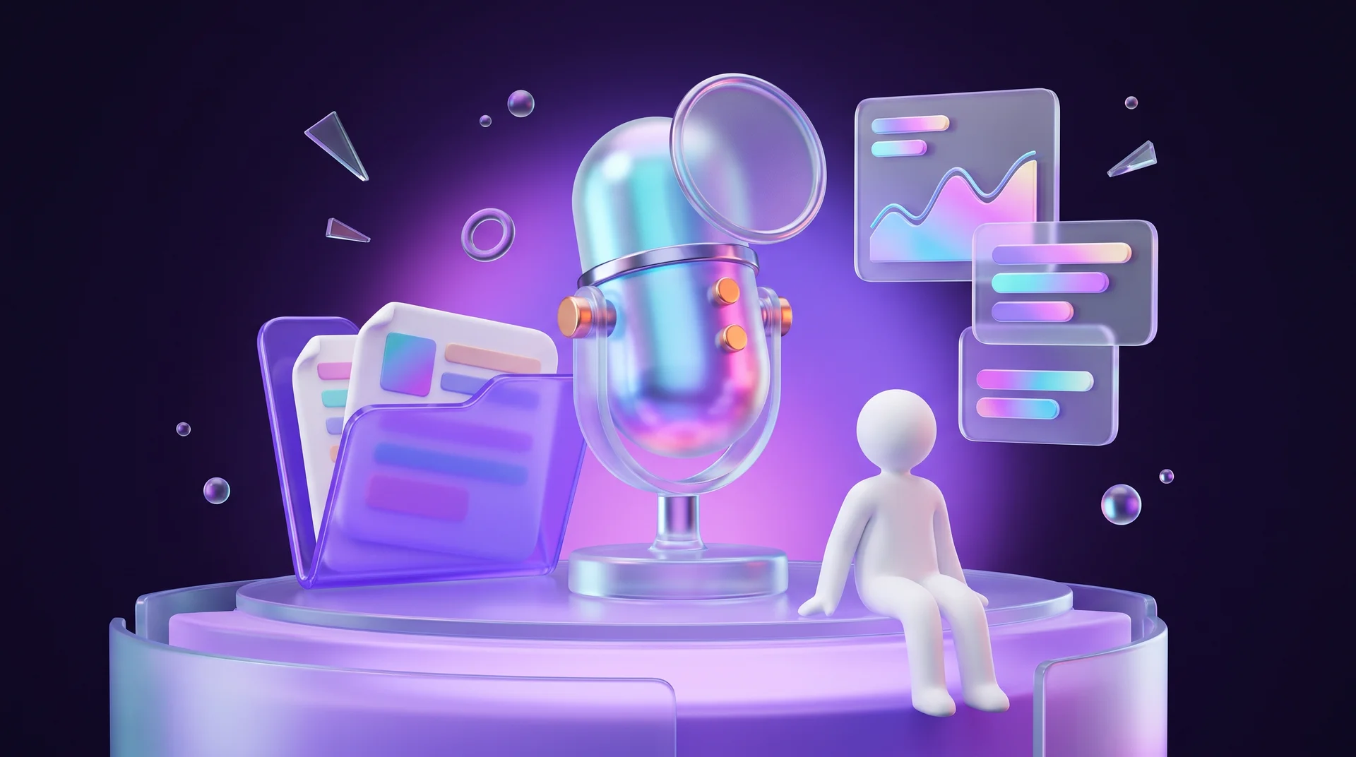A glass microphone on a stage with a white figure sitting beside it, floating data cards with a chart and an open folder with pages