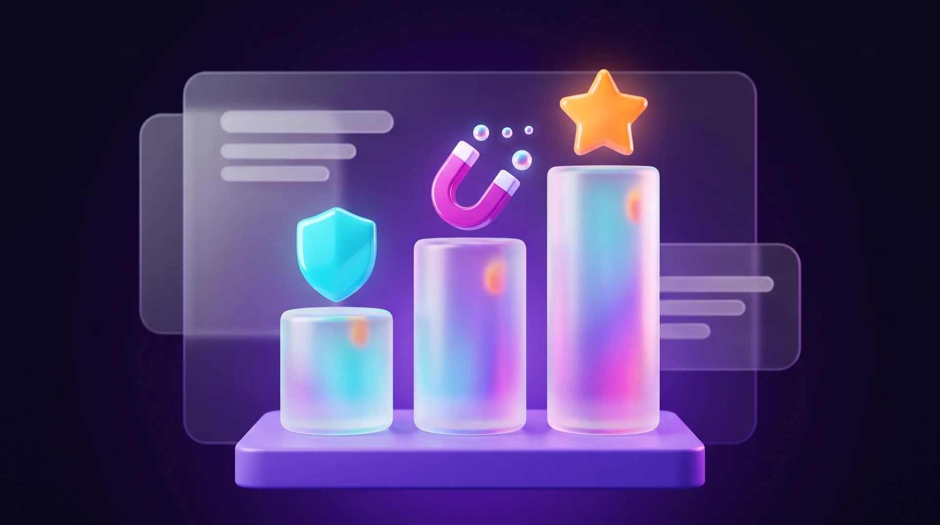 Three glass pillars of different heights on a stage, topped by a light-blue shield, a pink magnet and a glowing orange star