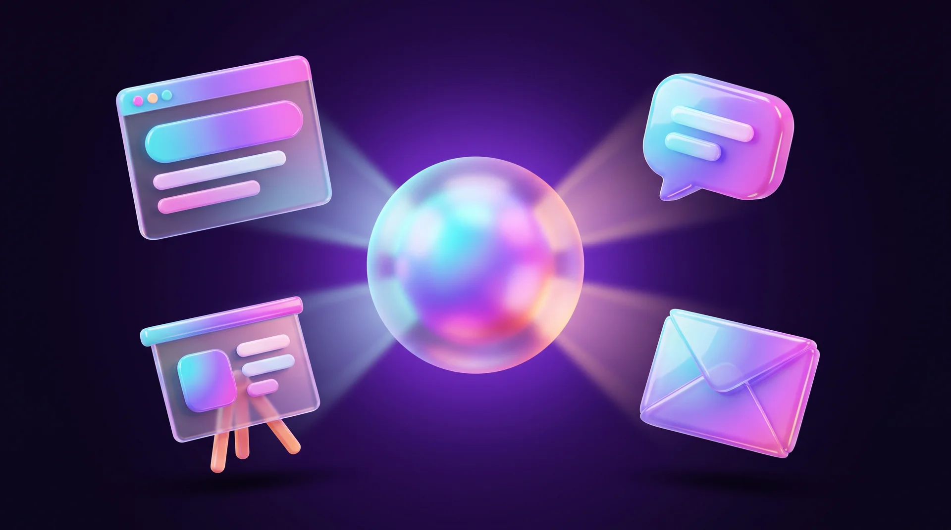 A glowing glass sphere in the centre sending rays of light to a website window, a chat bubble, a presentation board and an envelope