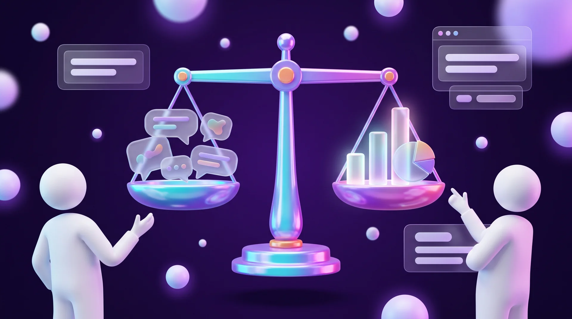 Glossy 3D scales: glass speech bubbles in one pan, bar charts and a pie chart in the other, with two white figures pointing at them