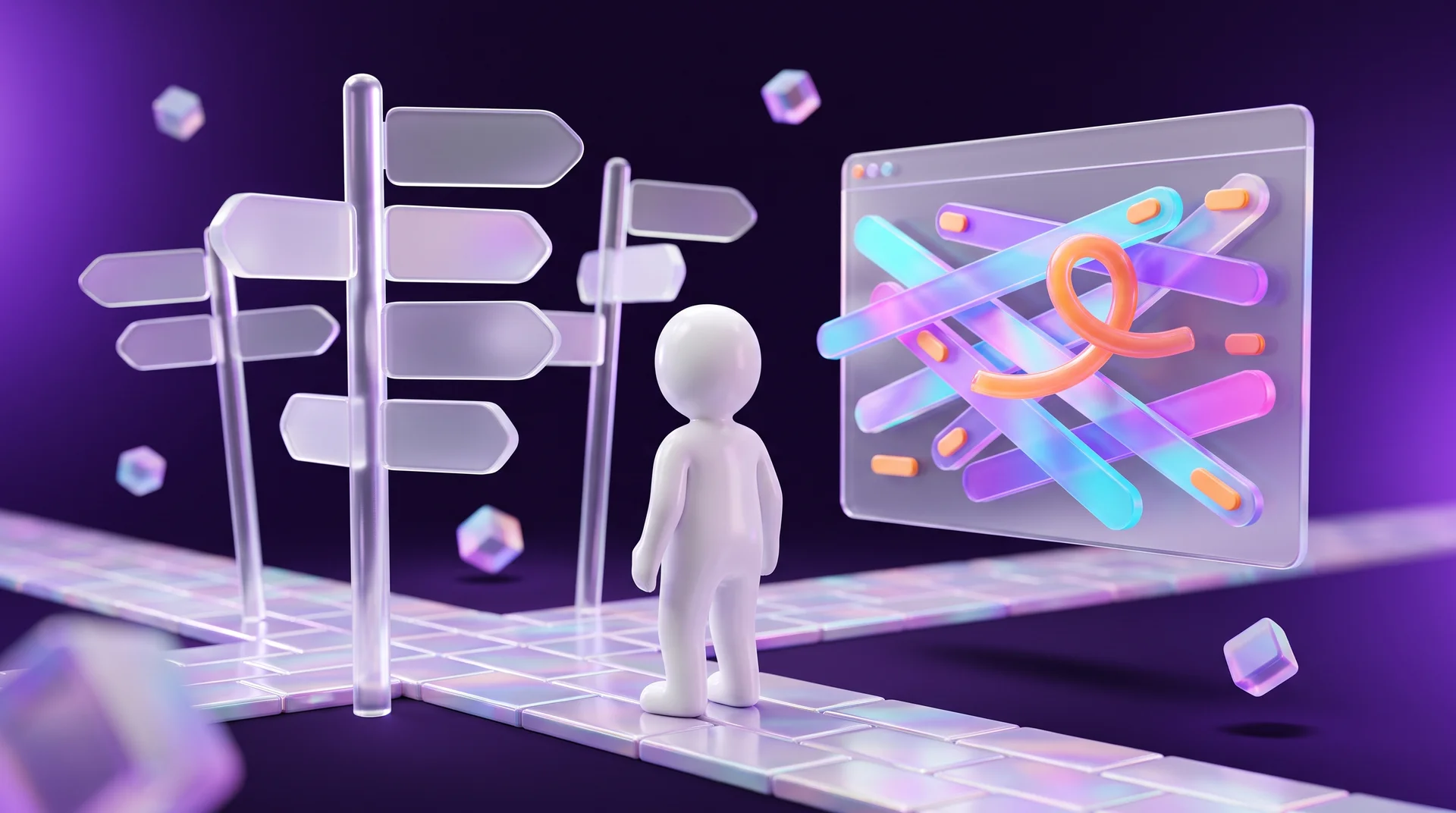 A white 3D figure standing at a crossroads of glass signposts pointing in different directions, next to a website screen whose menu is a tangle of crossed bars and a twisted orange ribbon