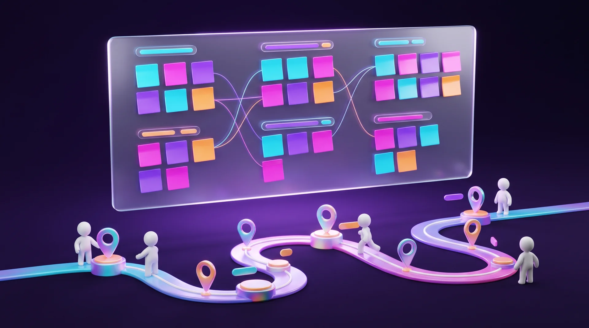 A 3D glass board with glossy coloured sticky notes arranged in clusters, and below it a winding customer journey path with location pins and small white figures walking along it