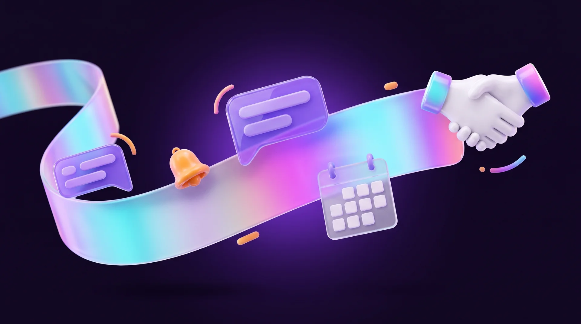 A curved floating glass timeline with purple message bubbles along it, a small orange bell, a glass calendar and a glossy handshake at the end