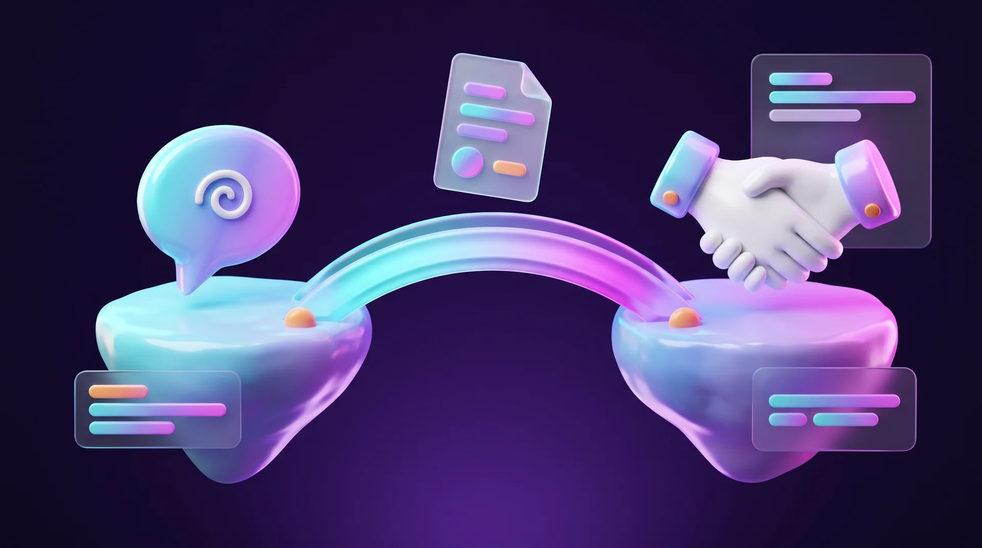 A glossy purple glass bridge connecting two floating islands, one with a speech bubble holding a spiral and the other with a white handshake, and a glass document hovering above the bridge