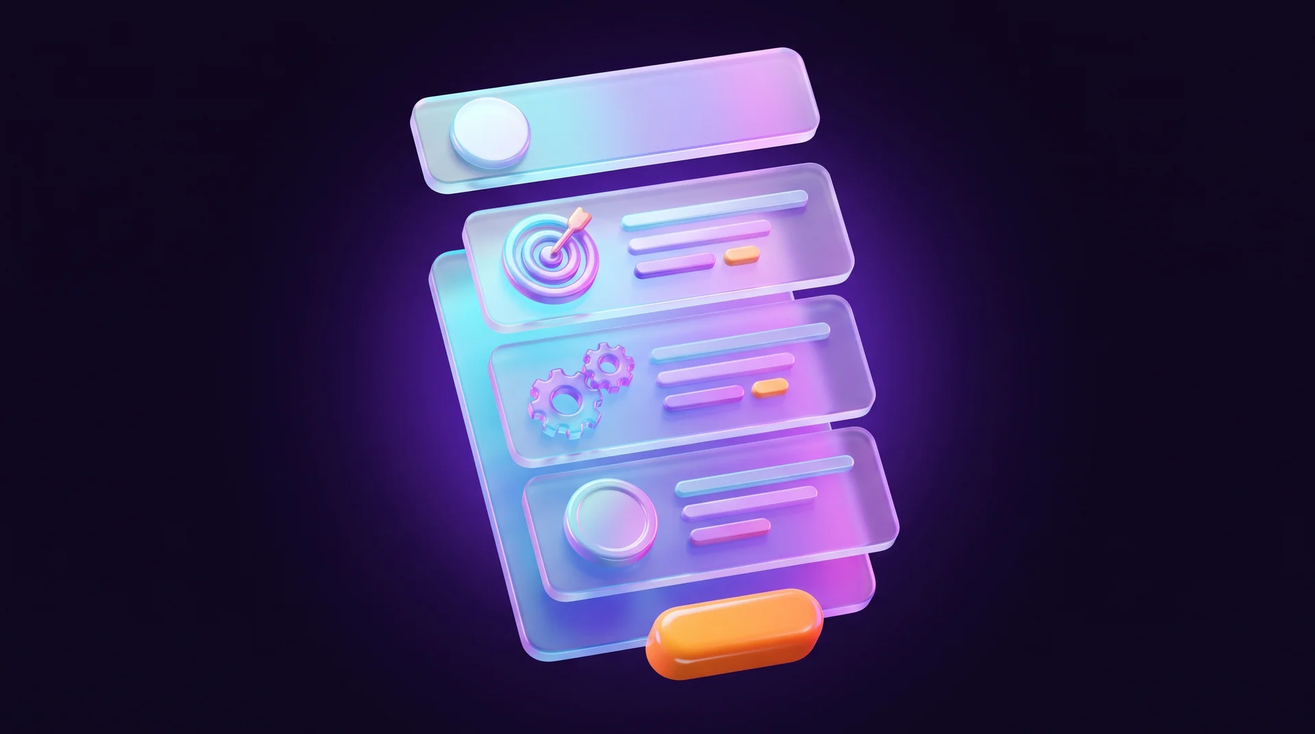 A 3D glass document breaking apart into floating layers stacked one above the other: a top bar with a white circle, a card with a target and an arrow, a card with gears, a card with a glossy circle and a glossy orange button at the end