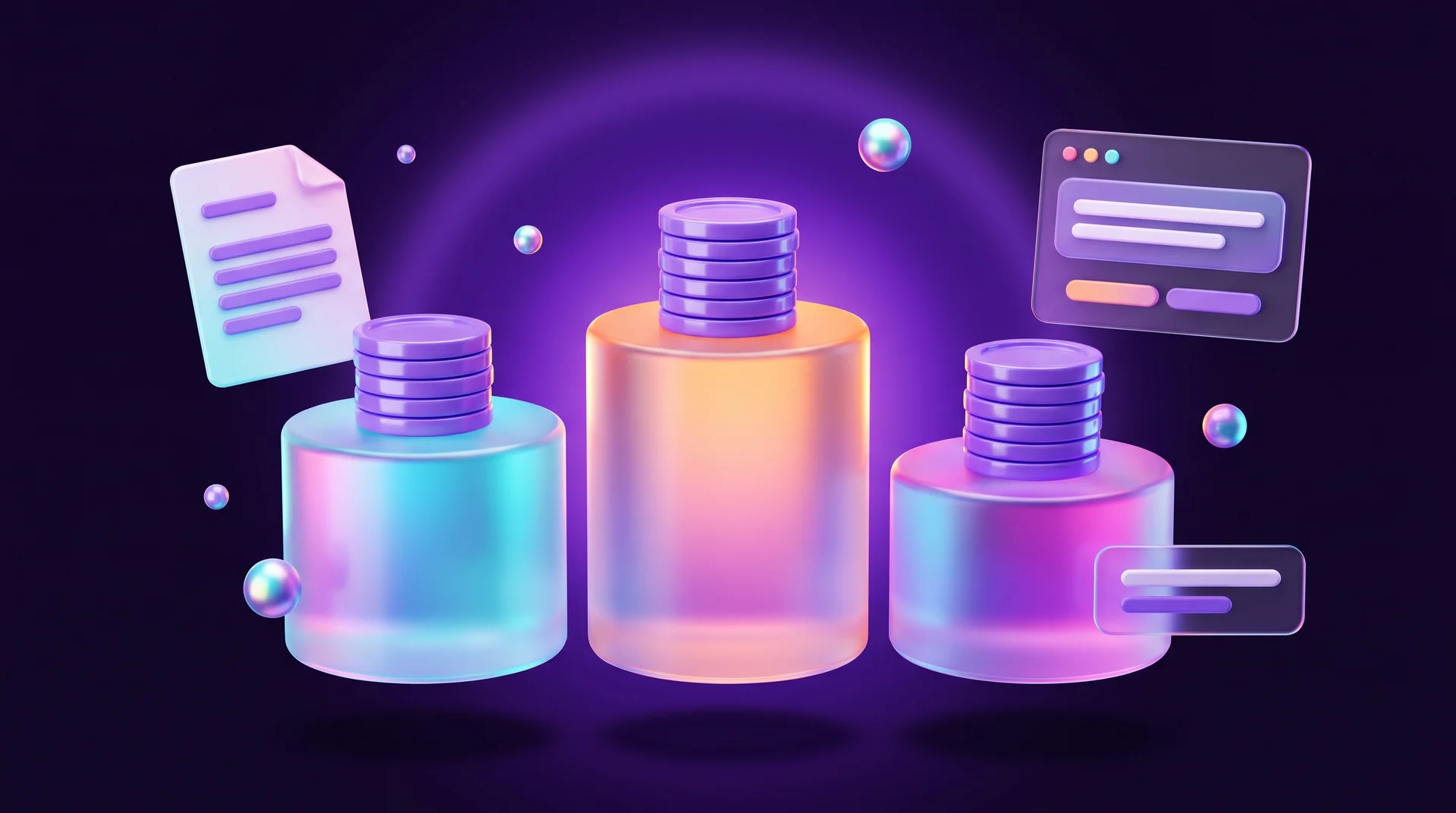 Three round glass podiums of different heights, each holding a stack of glossy purple coins, with the tall middle podium glowing orange