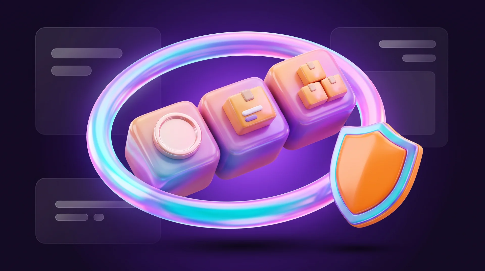 Three glossy cubes holding a coin, an order box and a stack of stock crates, locked together inside a ring of light next to an orange shield
