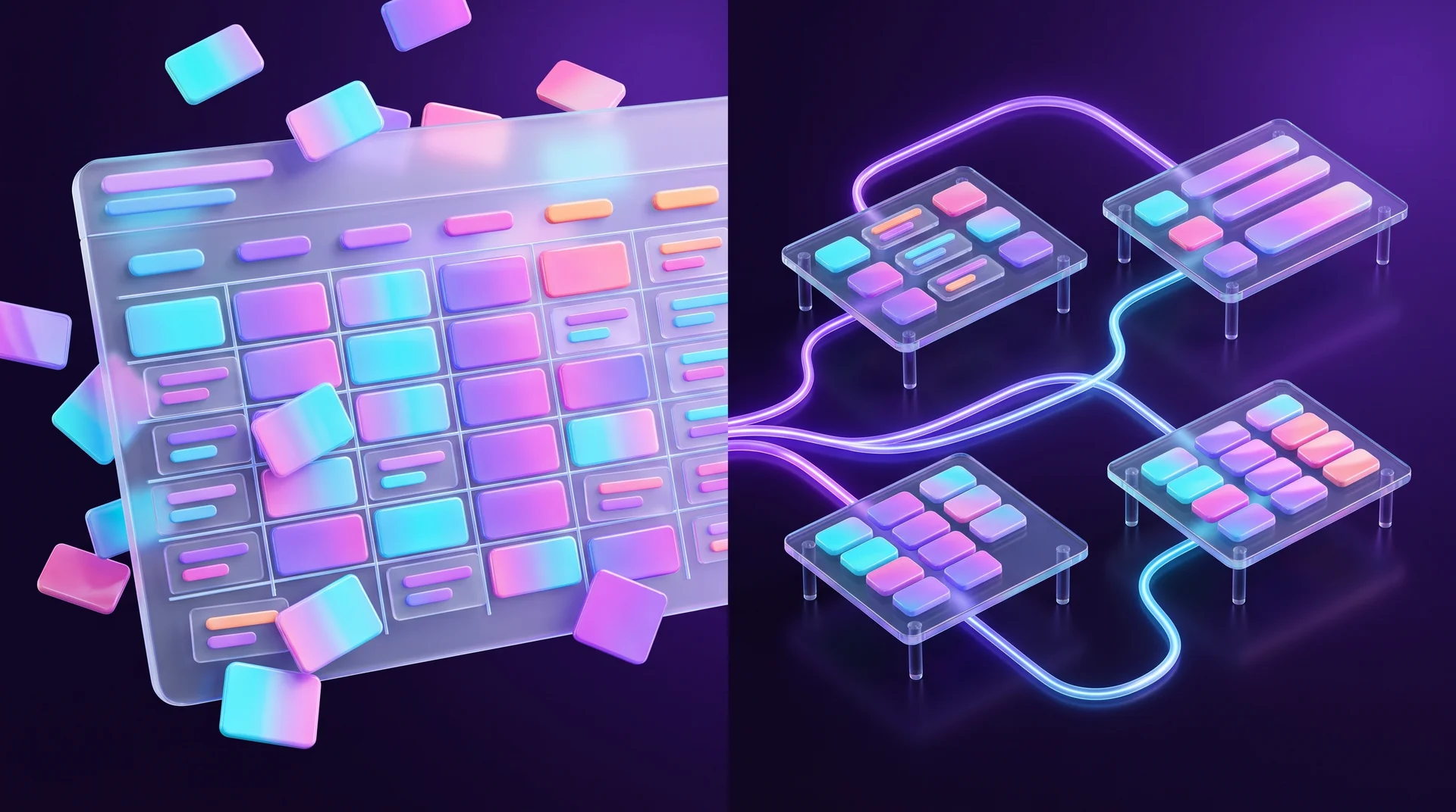 One cluttered, messy glass sheet on the left and four tidy glass tables on the right, connected by purple and cyan light lines