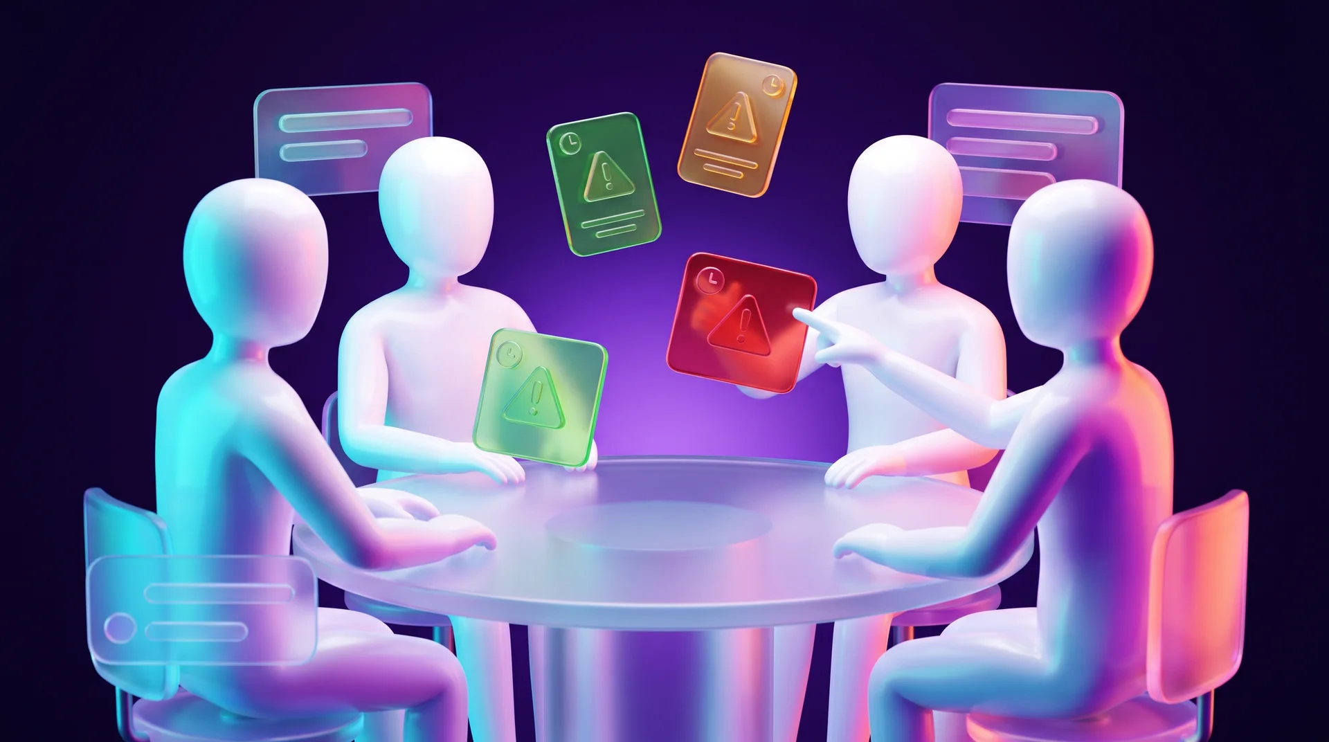 Four faceless white 3D figures sitting around a round table, with green, orange and red cards marked with warning signs floating above them, and one figure pointing at the red card