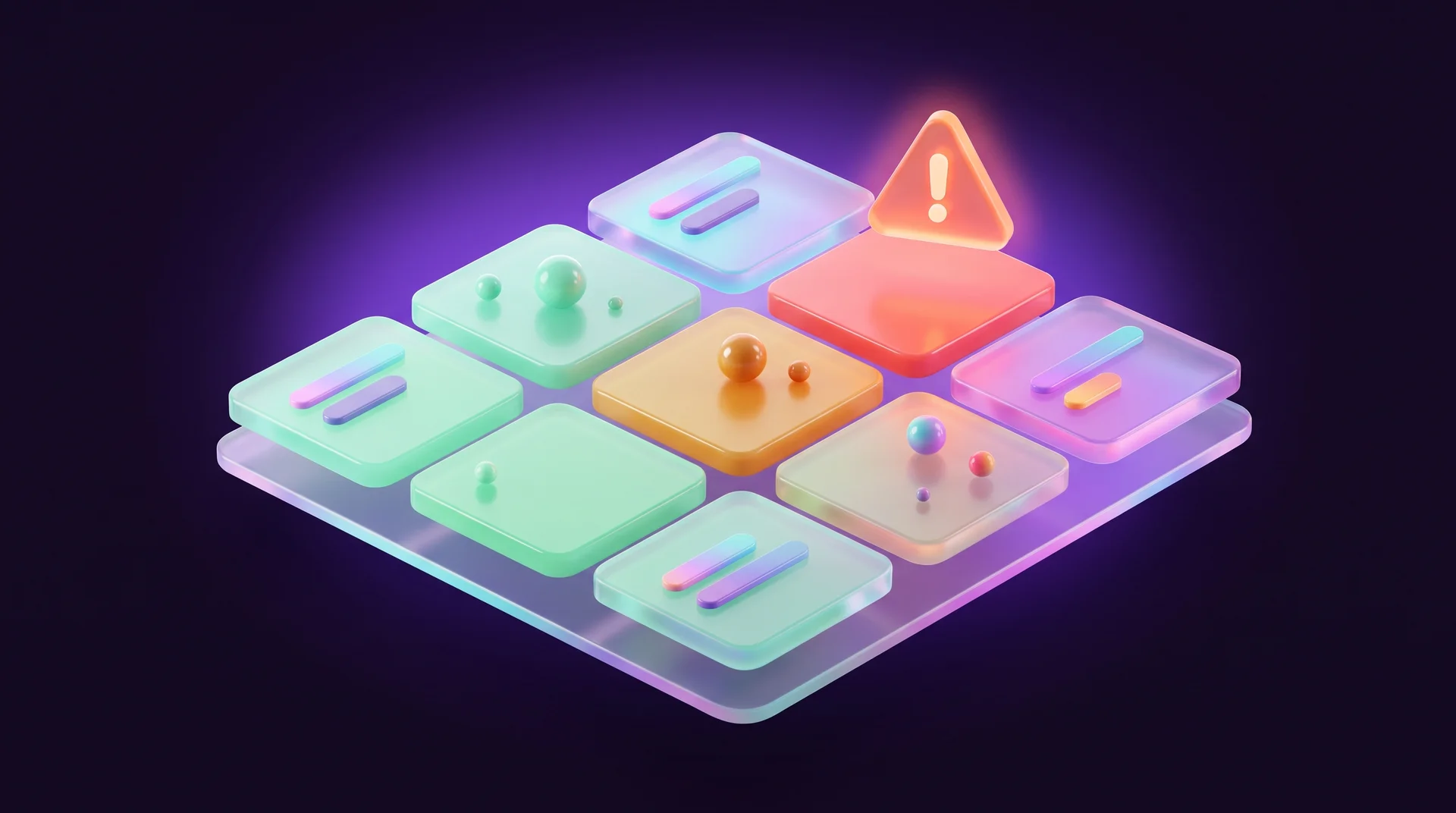 A 3D board of glass tiles in green, orange and red, with small spheres on some of the tiles and a glowing warning triangle above the red tile