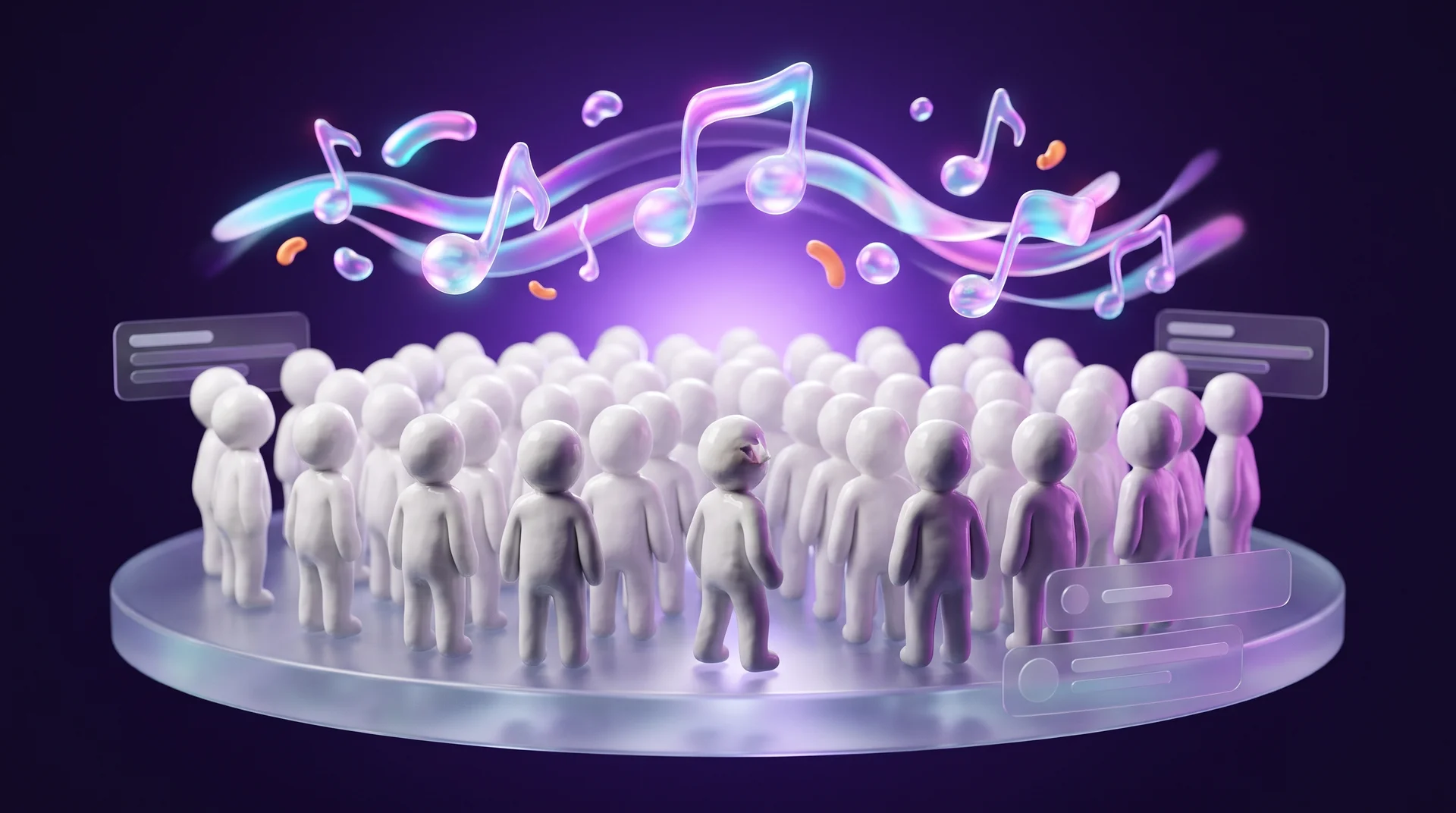 A crowd of faceless white 3D figures on a round glass stage, all facing the same direction, with glowing sound waves and musical notes above them