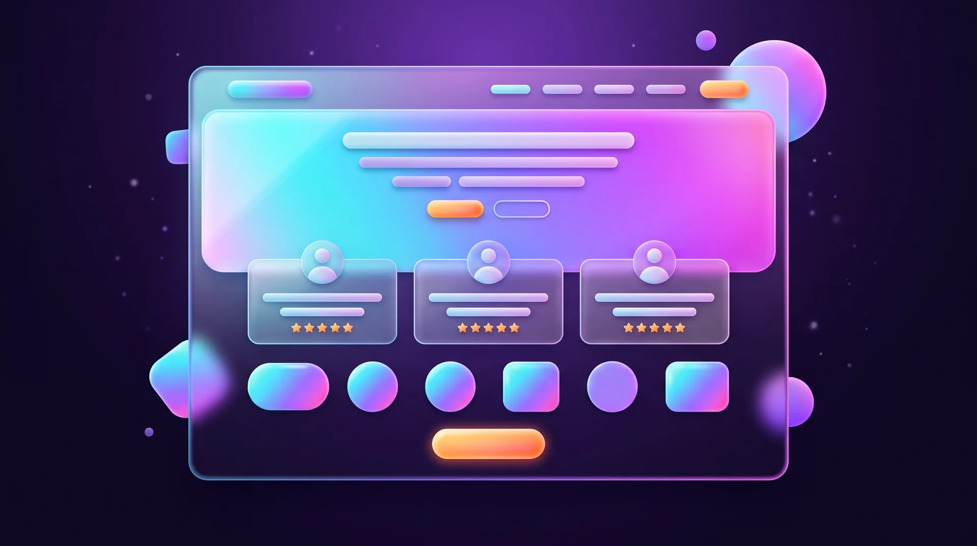 A glass website window with a header area, three testimonial cards with avatars and stars, a row of colourful shapes representing clients and a glowing orange button