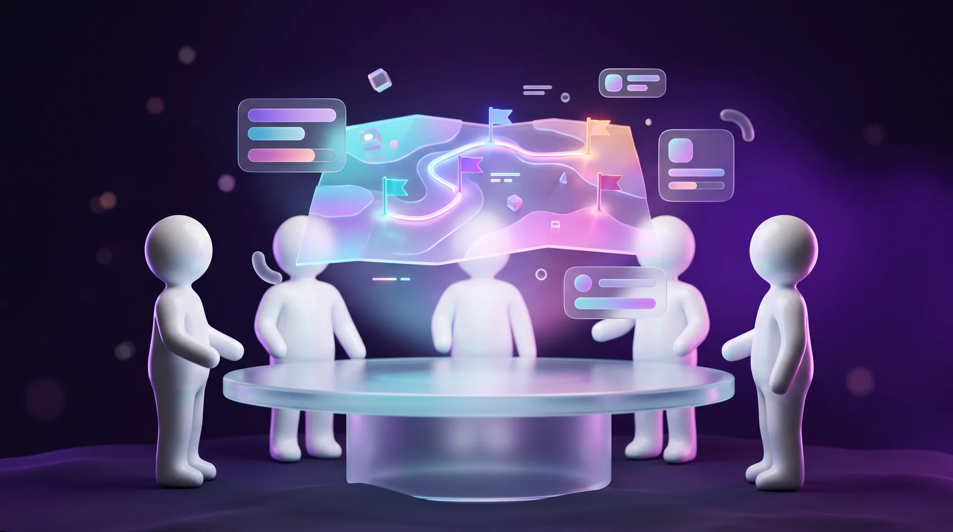 A team of faceless white 3D figures standing around a round glass table with a holographic map of a route and glowing flags floating above it