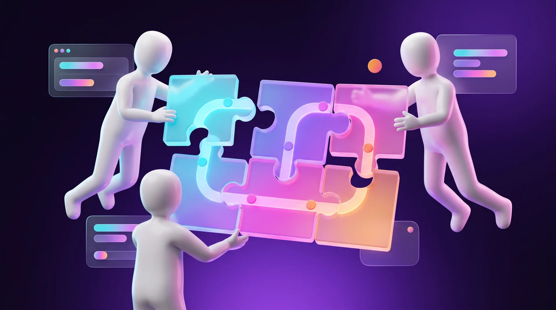Three faceless white 3D figures assembling a large glass jigsaw puzzle with a glowing route on it, each puzzle piece glowing in a different shade of cyan, purple, pink and orange